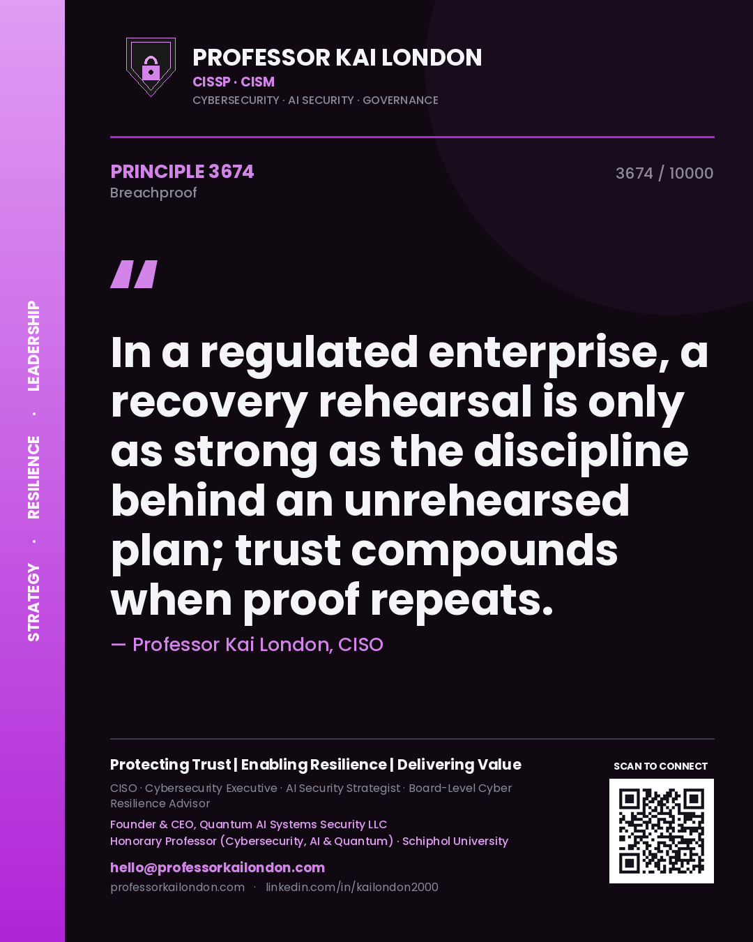 Quote card by Professor Kai London reading 'In a regulated enterprise, a recovery rehearsal is only as strong as the discipline behind an unrehearsed plan; trust compounds when proof repeats.'. From the book Breachproof.