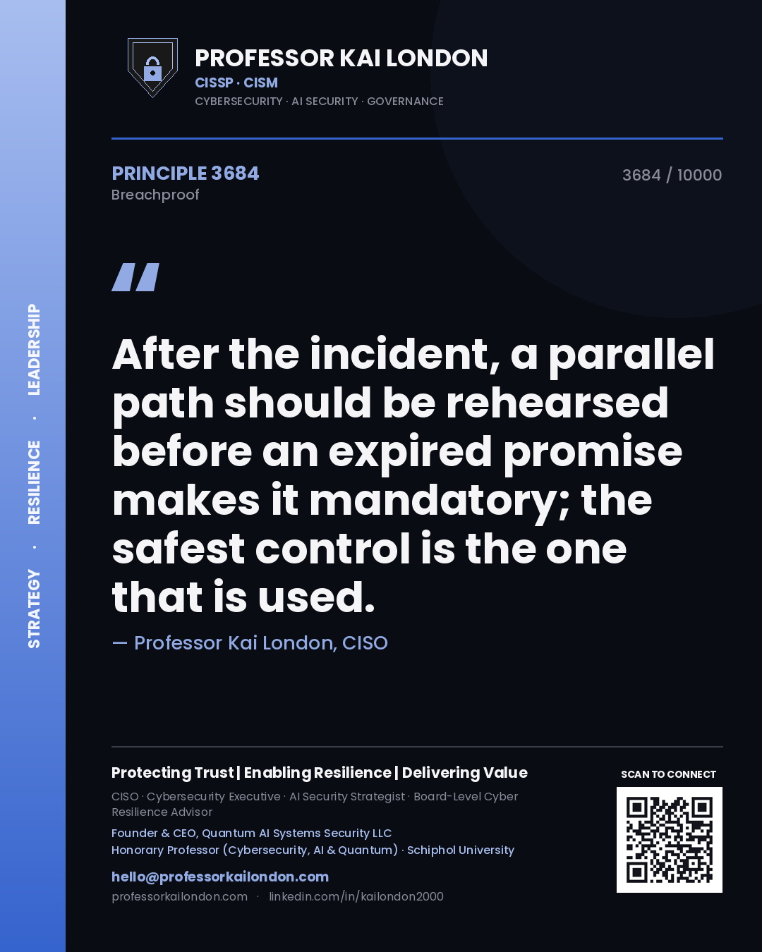 Quote card by Professor Kai London reading 'After the incident, a parallel path should be rehearsed before an expired promise makes it mandatory; the safest control is the one that is used.'. From the book Breachproof.