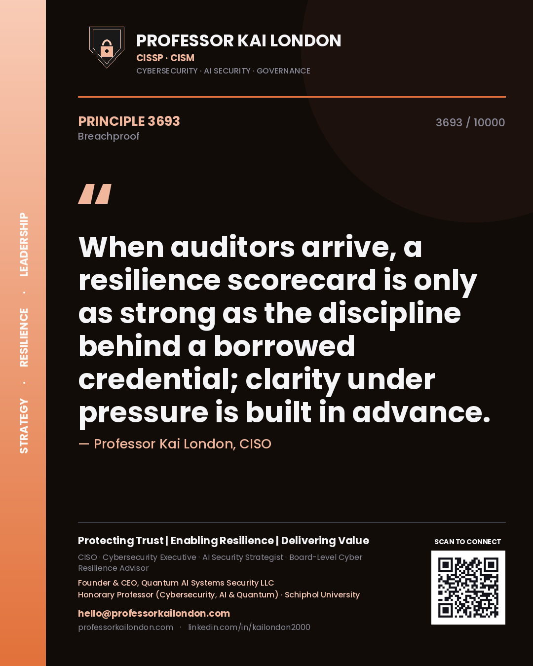 Quote card by Professor Kai London reading 'When auditors arrive, a resilience scorecard is only as strong as the discipline behind a borrowed credential; clarity under pressure is built in advance.'. From the book Breachproof.