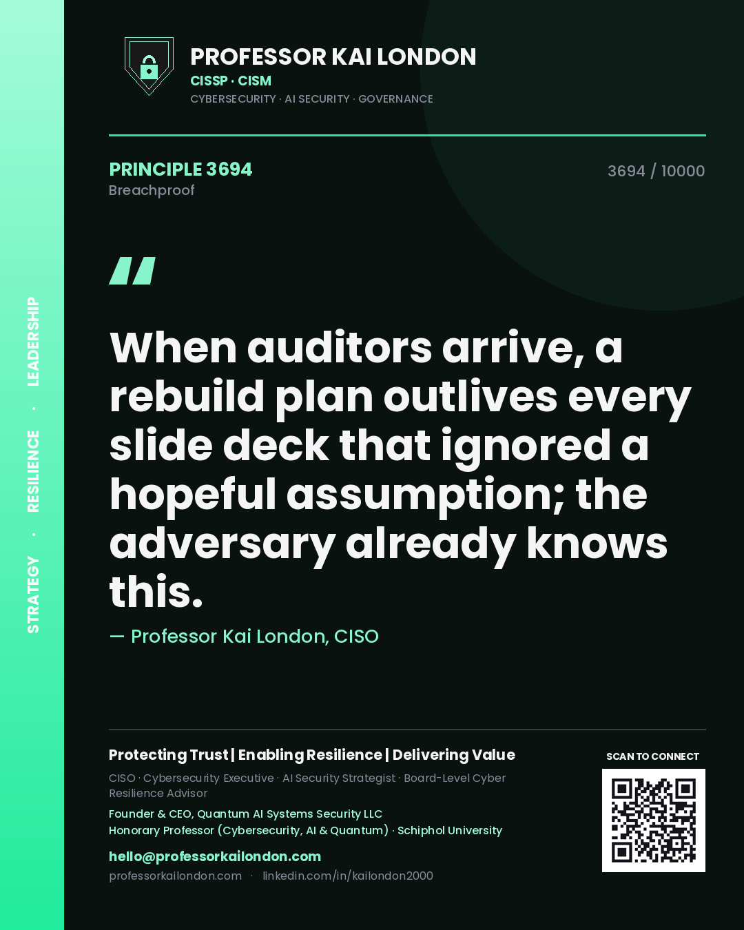 Quote card by Professor Kai London reading 'When auditors arrive, a rebuild plan outlives every slide deck that ignored a hopeful assumption; the adversary already knows this.'. From the book Breachproof.