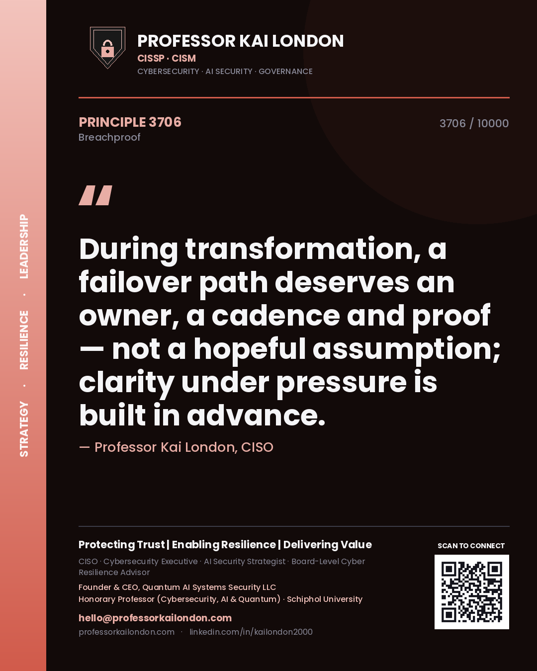 Professor Kai London principle 3706: During transformation, a failover path deserves an owner, a cadence and proof — not a hopeful assumption; clarity under pressure is built in advance.