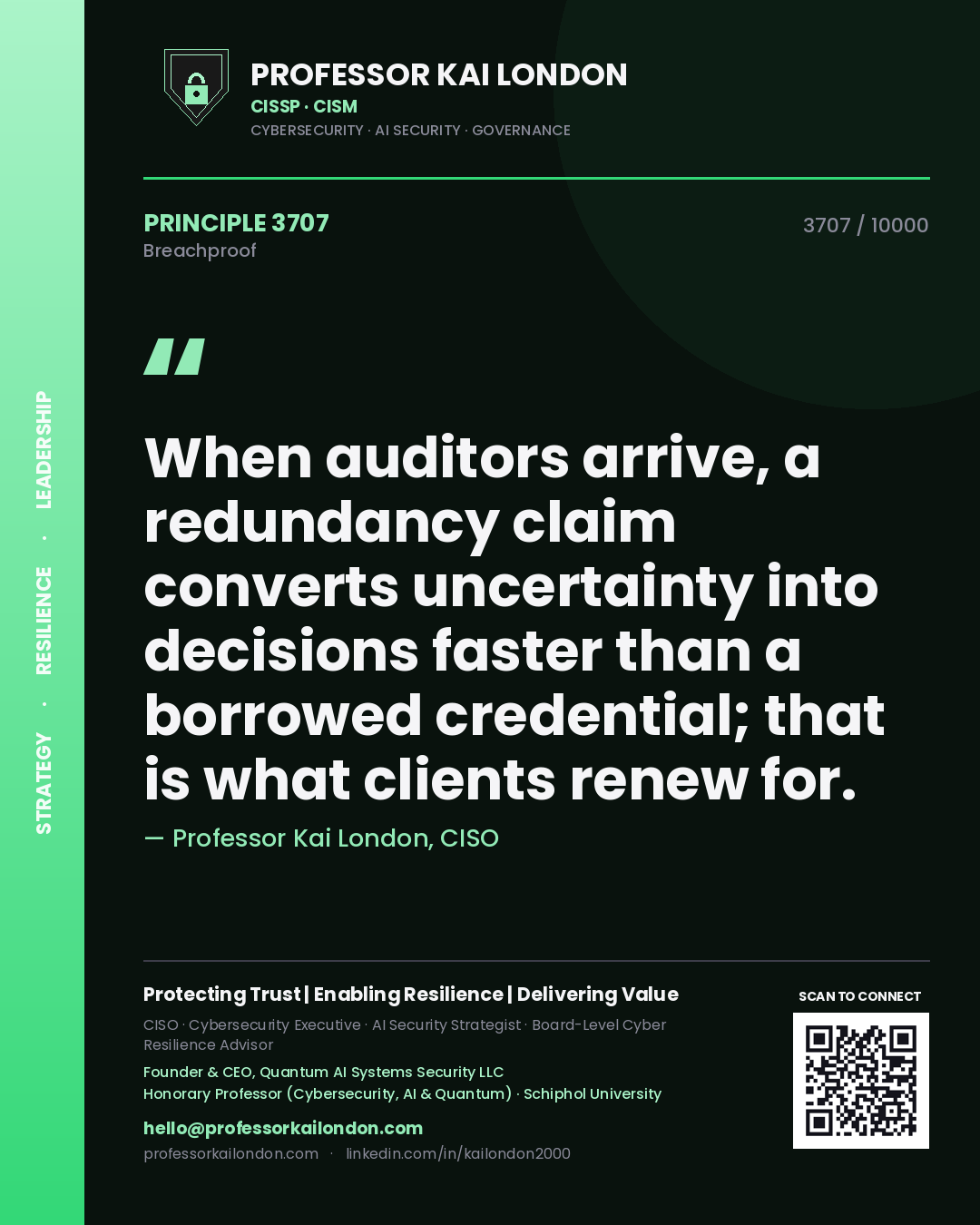 Professor Kai London principle 3707: When auditors arrive, a redundancy claim converts uncertainty into decisions faster than a borrowed credential; that is what clients renew for.
