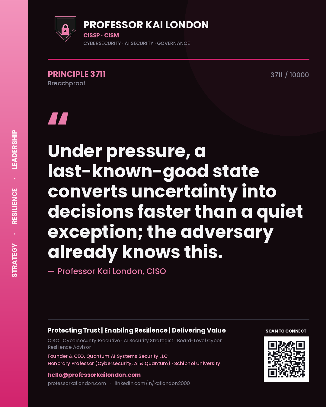 Professor Kai London principle 3711: Under pressure, a last-known-good state converts uncertainty into decisions faster than a quiet exception; the adversary already knows this.