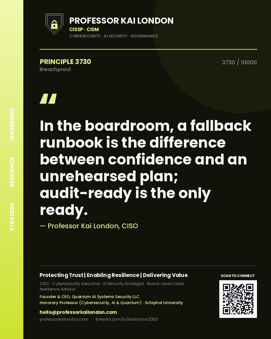 Quote card by Professor Kai London reading 'In the boardroom, a fallback runbook is the difference between confidence and an unrehearsed plan; audit-ready is the only ready.'. From the book Breachproof.