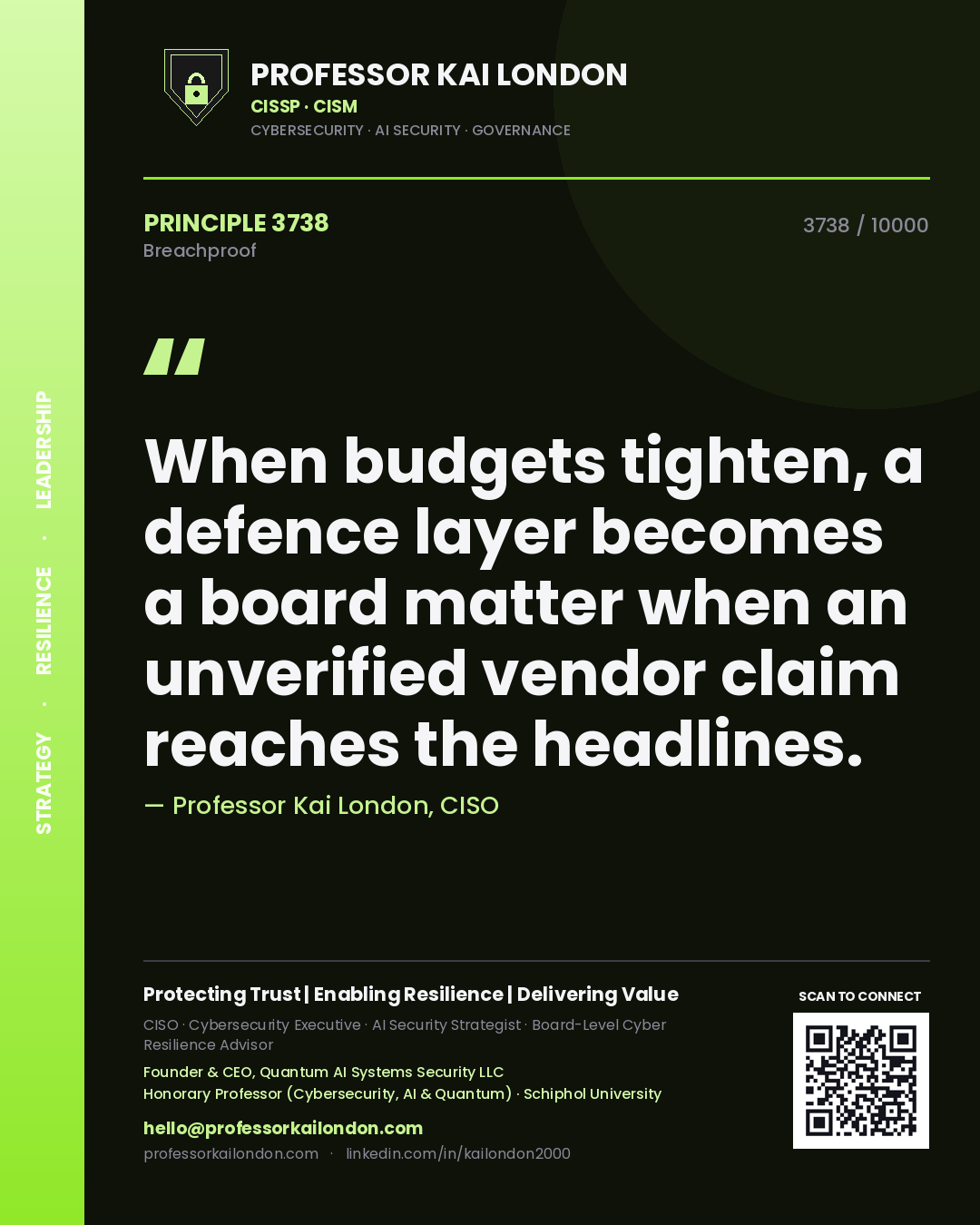 Quote card by Professor Kai London reading 'When budgets tighten, a defence layer becomes a board matter when an unverified vendor claim reaches the headlines.'. From the book Breachproof.