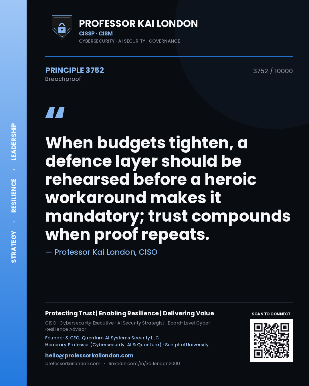 Quote card by Professor Kai London reading 'When budgets tighten, a defence layer should be rehearsed before a heroic workaround makes it mandatory; trust compounds when proof repeats.'. From the book Breachproof.