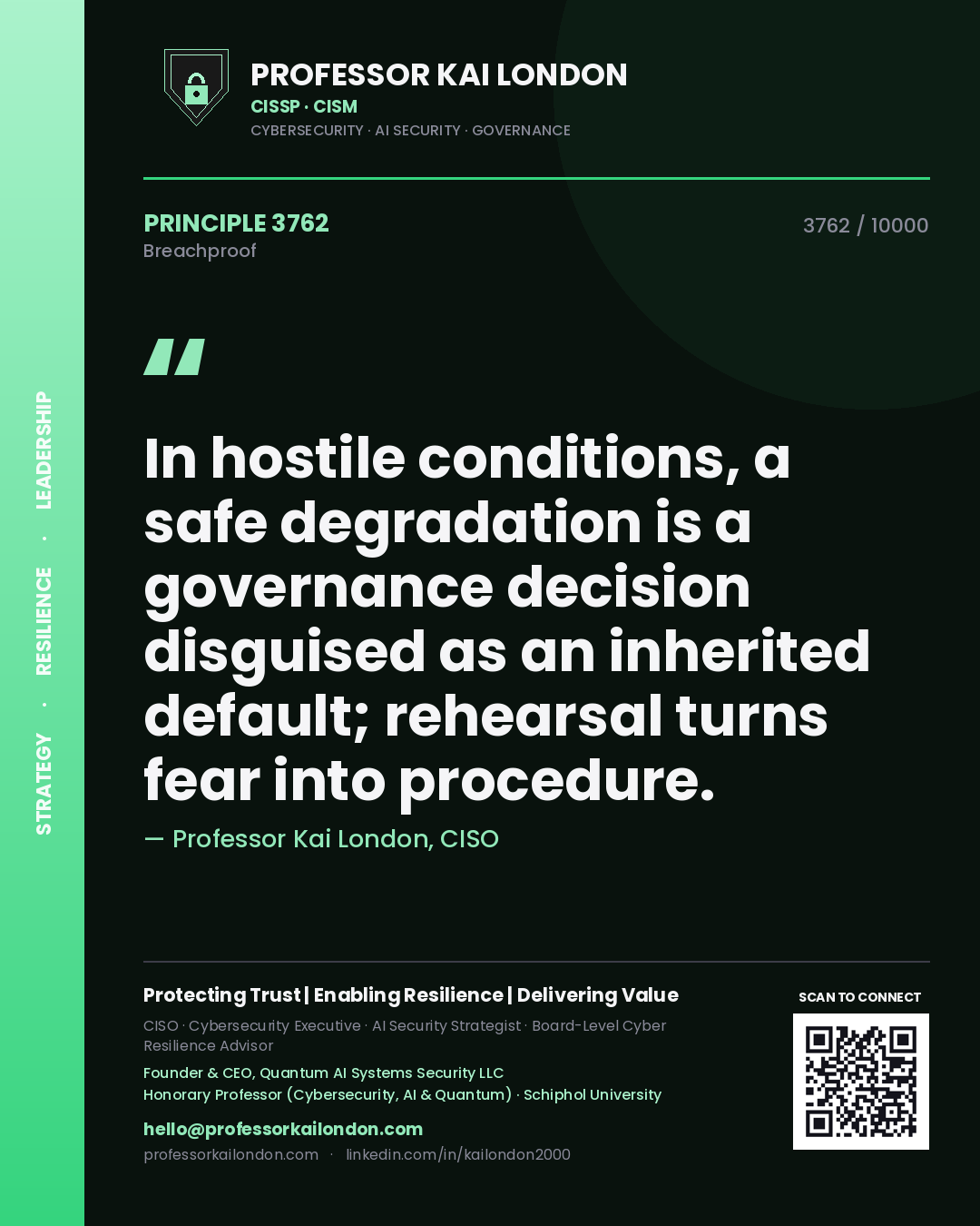 Professor Kai London principle 3762: In hostile conditions, a safe degradation is a governance decision disguised as an inherited default; rehearsal turns fear into procedure.