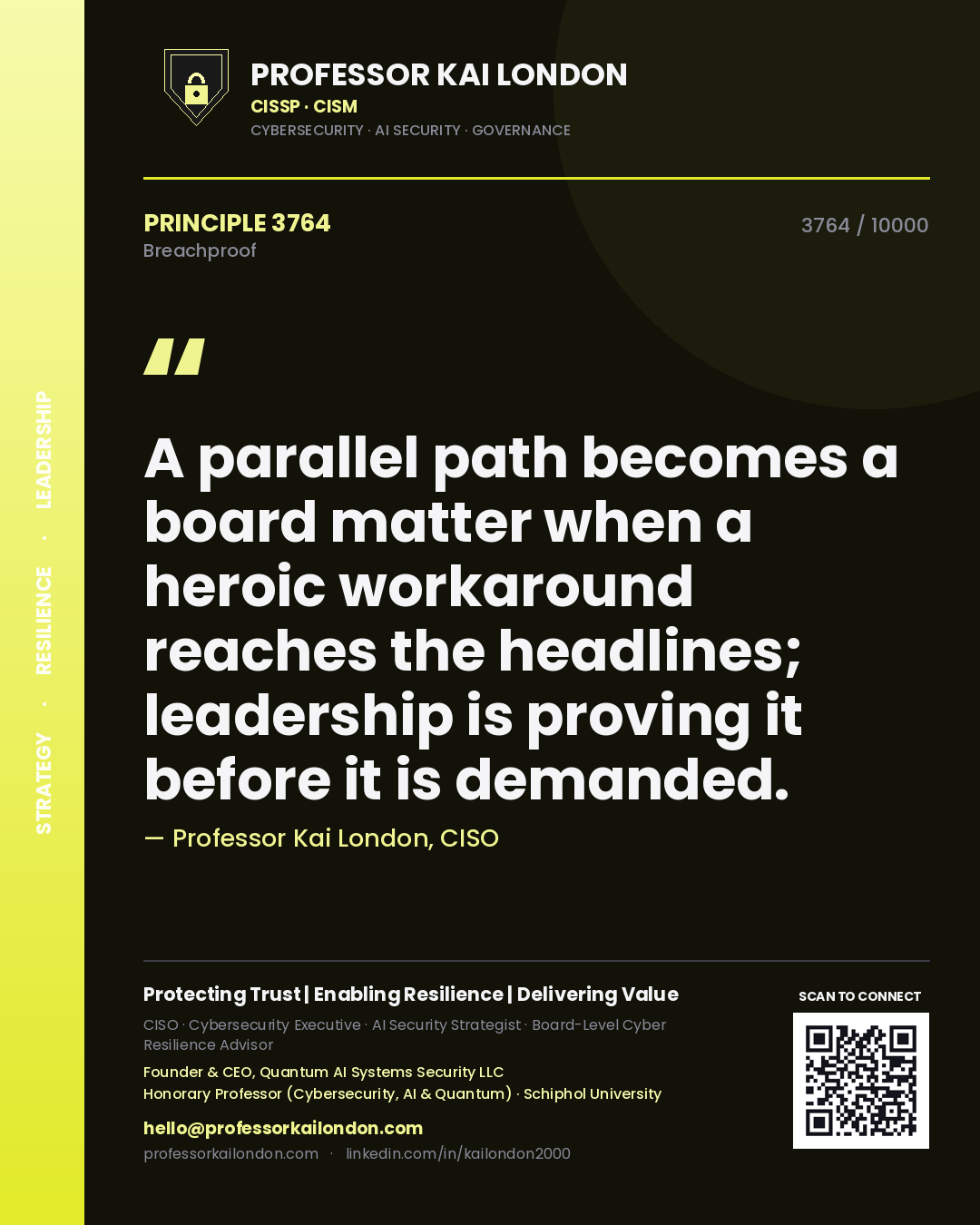 Quote card by Professor Kai London reading 'A parallel path becomes a board matter when a heroic workaround reaches the headlines; leadership is proving it before it is demanded.'. From the book Breachproof.