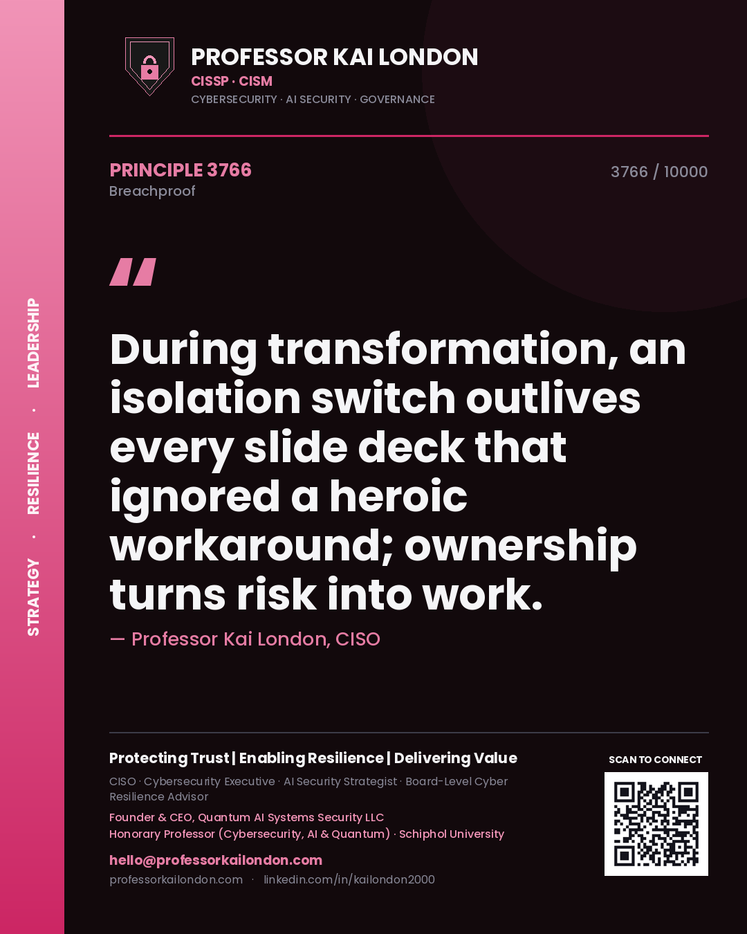 Professor Kai London principle 3766: During transformation, an isolation switch outlives every slide deck that ignored a heroic workaround; ownership turns risk into work.