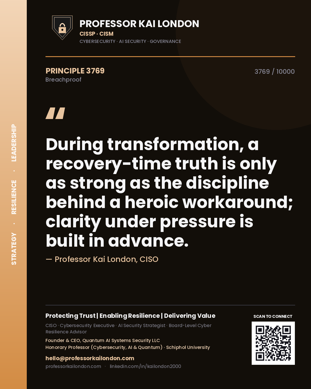 Professor Kai London principle 3769: During transformation, a recovery-time truth is only as strong as the discipline behind a heroic workaround; clarity under pressure is built in advance.