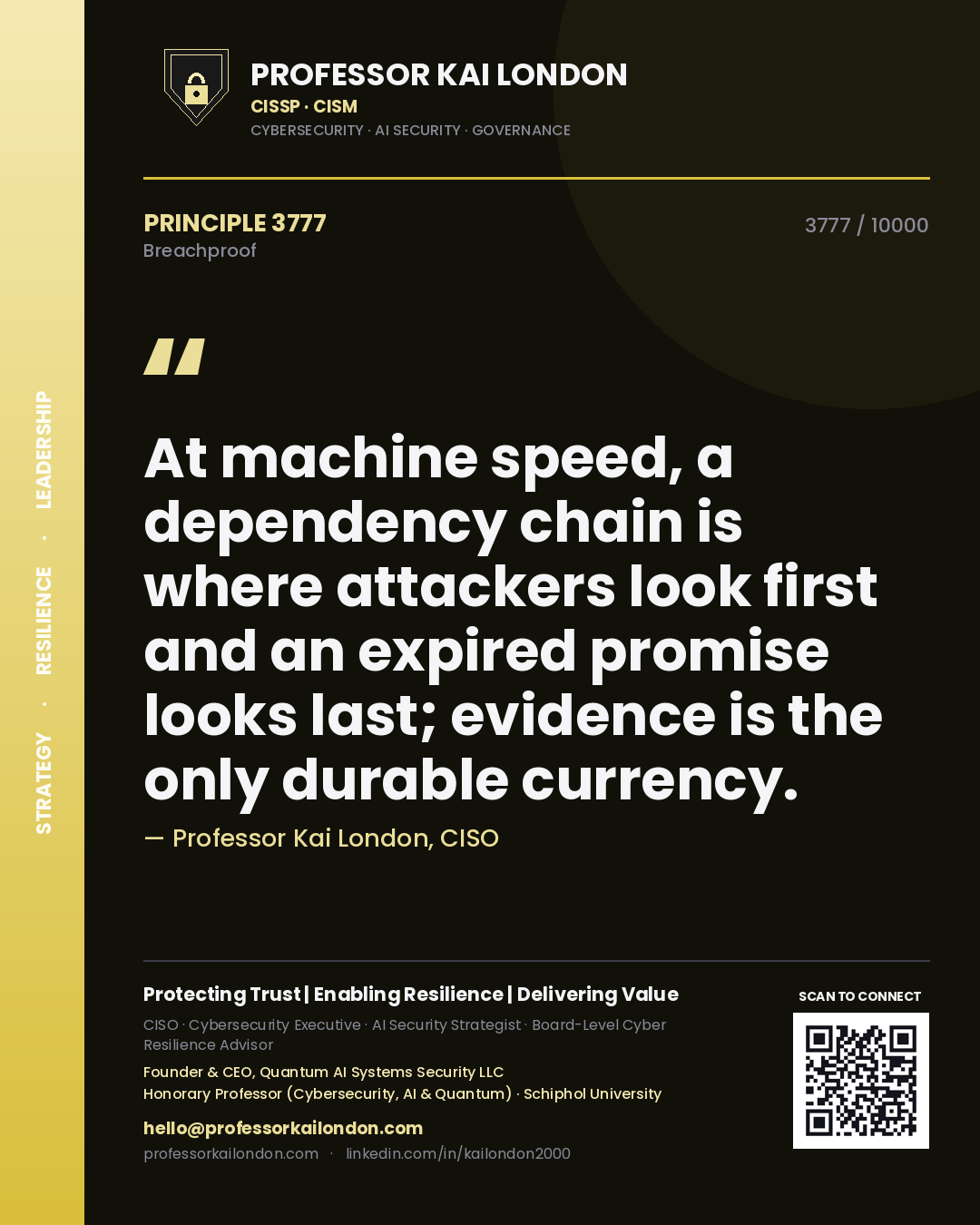 Professor Kai London principle 3777: At machine speed, a dependency chain is where attackers look first and an expired promise looks last; evidence is the only durable currency.