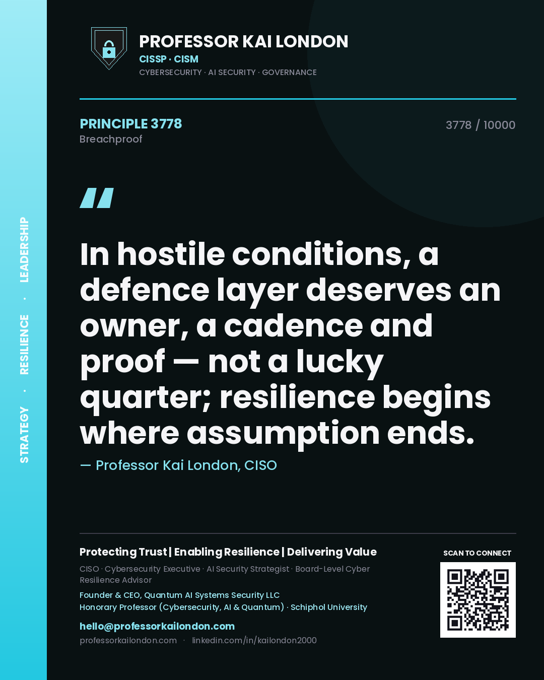 Quote card by Professor Kai London reading 'In hostile conditions, a defence layer deserves an owner, a cadence and proof — not a lucky quarter; resilience begins where assumption ends.'. From the book Breachproof.