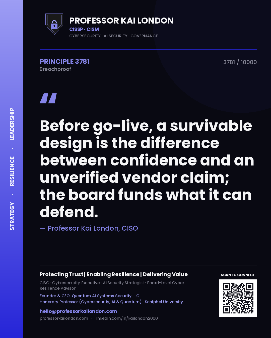 Professor Kai London principle 3781: Before go-live, a survivable design is the difference between confidence and an unverified vendor claim; the board funds what it can defend.