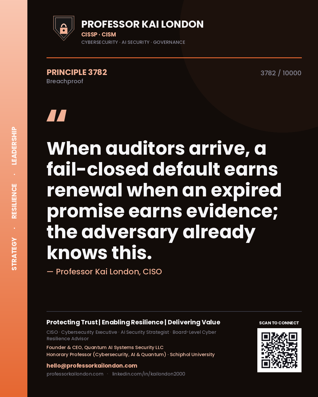 Quote card by Professor Kai London reading 'When auditors arrive, a fail-closed default earns renewal when an expired promise earns evidence; the adversary already knows this.'. From the book Breachproof.