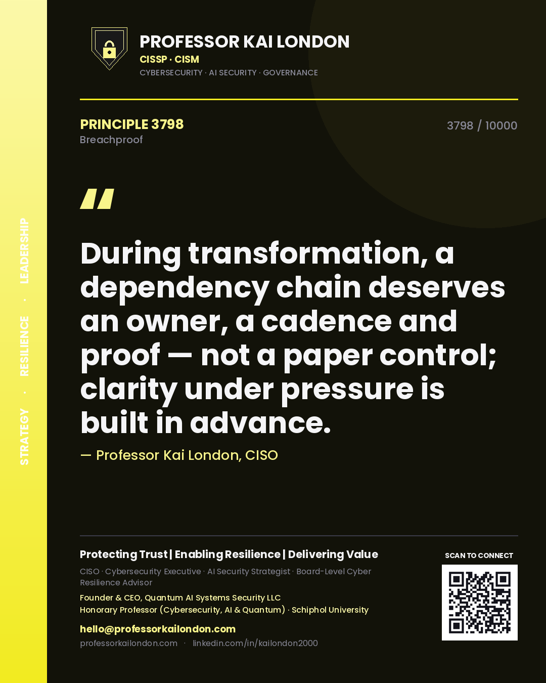 Professor Kai London principle 3798: During transformation, a dependency chain deserves an owner, a cadence and proof — not a paper control; clarity under pressure is built in advance.