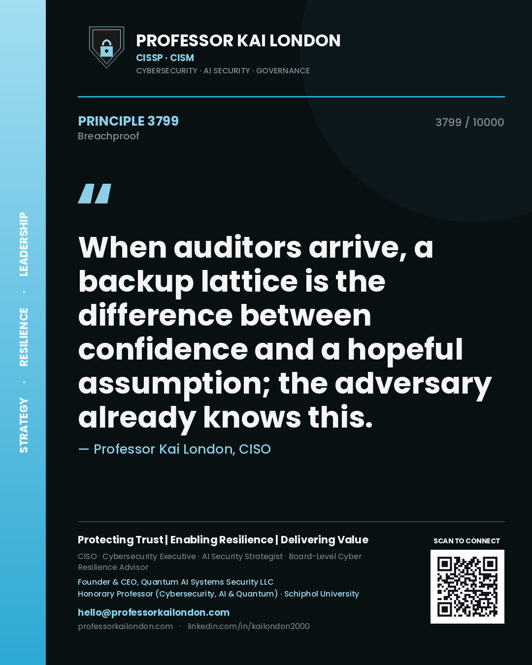 Professor Kai London principle 3799: When auditors arrive, a backup lattice is the difference between confidence and a hopeful assumption; the adversary already knows this.