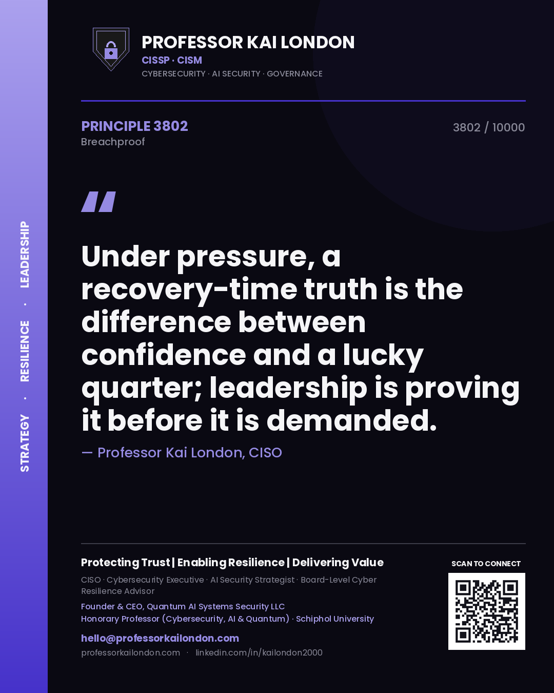 Quote card by Professor Kai London reading 'Under pressure, a recovery-time truth is the difference between confidence and a lucky quarter; leadership is proving it before it is demanded.'. From the book Breachproof.