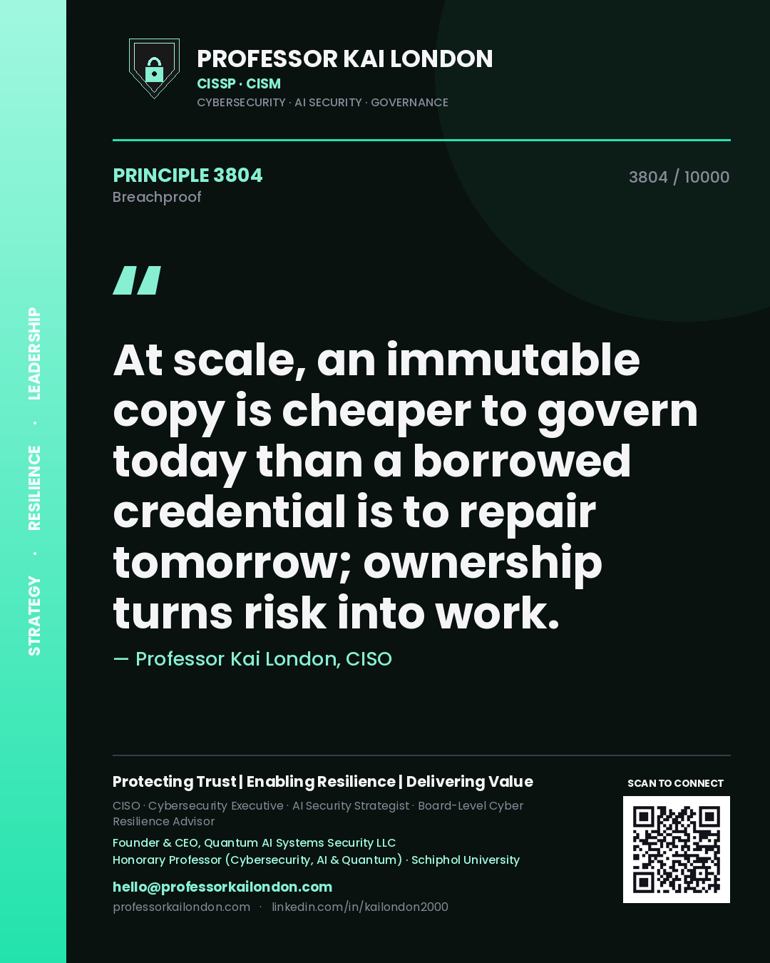 Quote card by Professor Kai London reading 'At scale, an immutable copy is cheaper to govern today than a borrowed credential is to repair tomorrow; ownership turns risk into work.'. From the book Breachproof.
