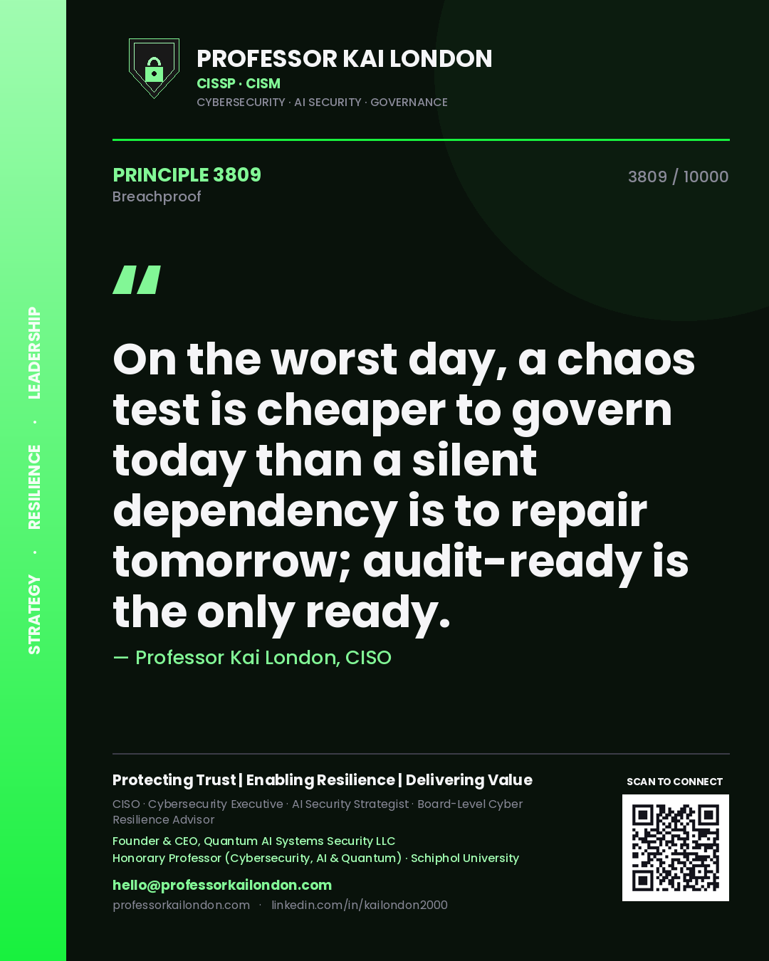 Quote card by Professor Kai London reading 'On the worst day, a chaos test is cheaper to govern today than a silent dependency is to repair tomorrow; audit-ready is the only ready.'. From the book Breachproof.
