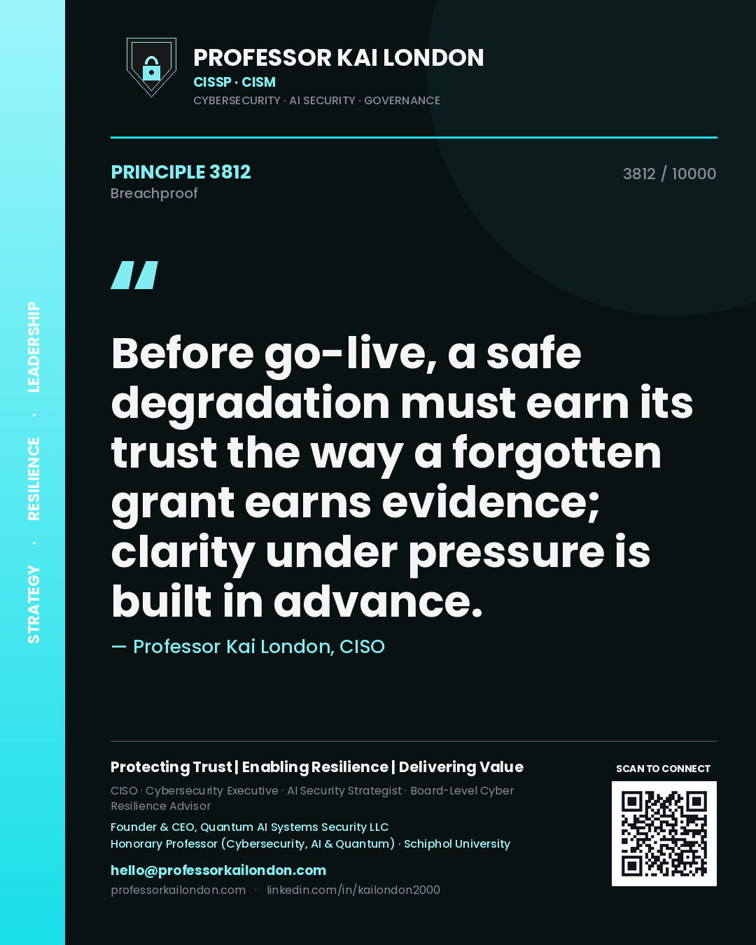 Quote card by Professor Kai London reading 'Before go-live, a safe degradation must earn its trust the way a forgotten grant earns evidence; clarity under pressure is built in advance.'. From the book Breachproof.