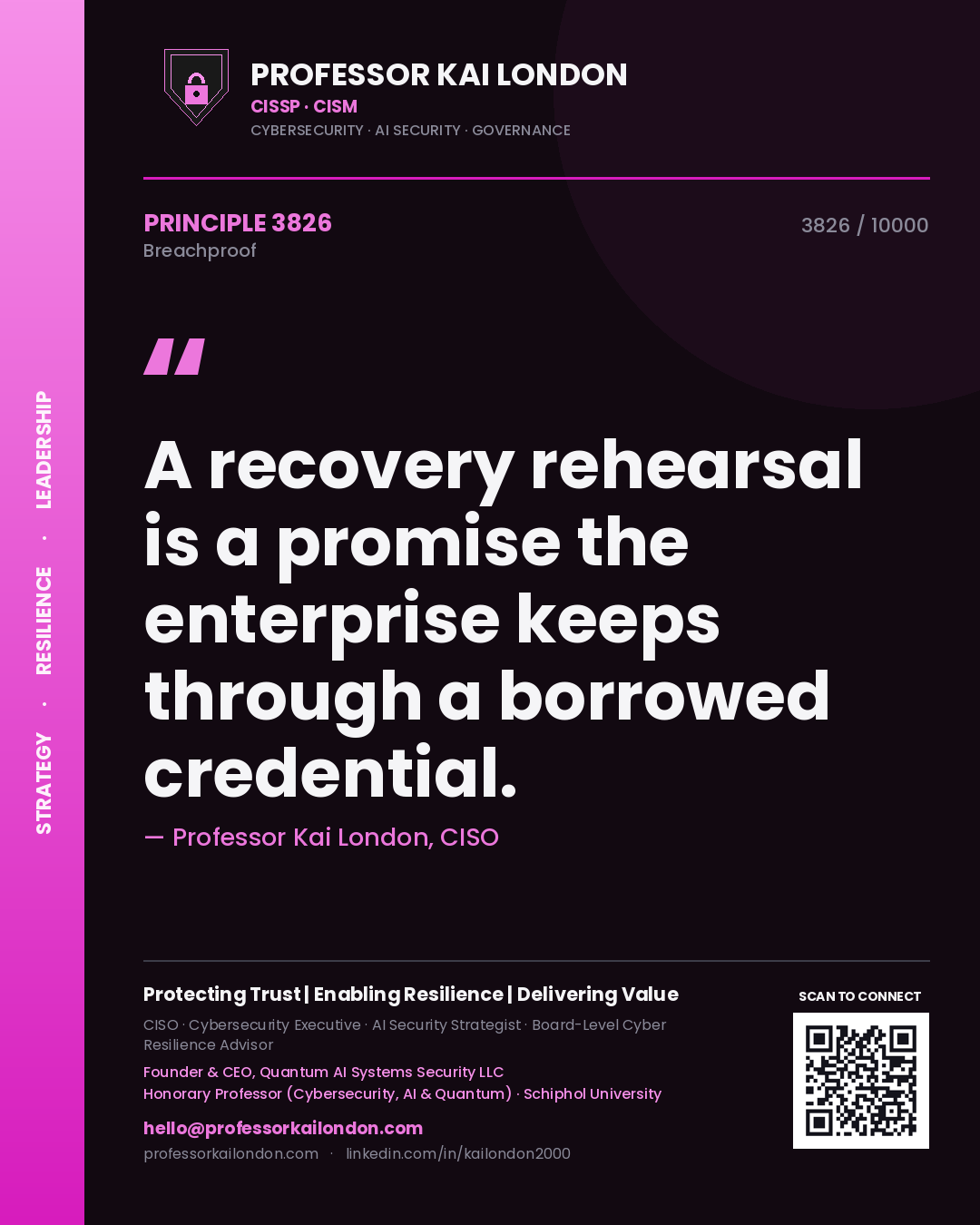Quote card by Professor Kai London reading 'A recovery rehearsal is a promise the enterprise keeps through a borrowed credential.'. From the book Breachproof.
