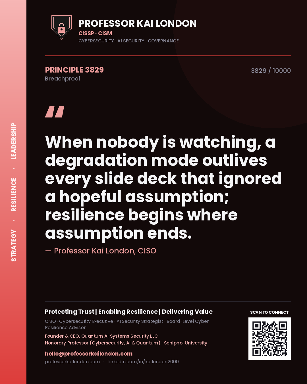 Quote card by Professor Kai London reading 'When nobody is watching, a degradation mode outlives every slide deck that ignored a hopeful assumption; resilience begins where assumption ends.'. From the book Breachproof.