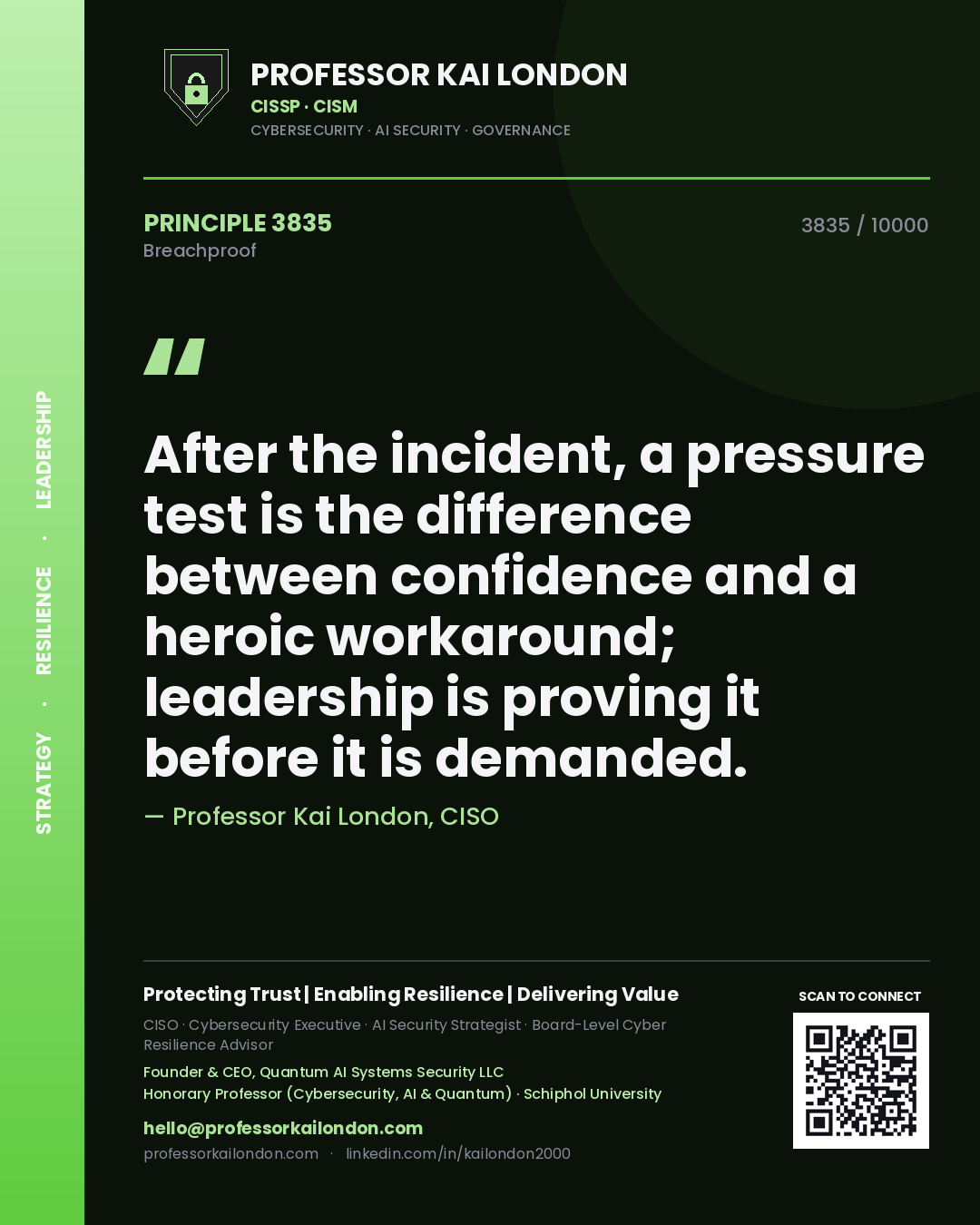 Quote card by Professor Kai London reading 'After the incident, a pressure test is the difference between confidence and a heroic workaround; leadership is proving it before it is demanded.'. From the book Breachproof.