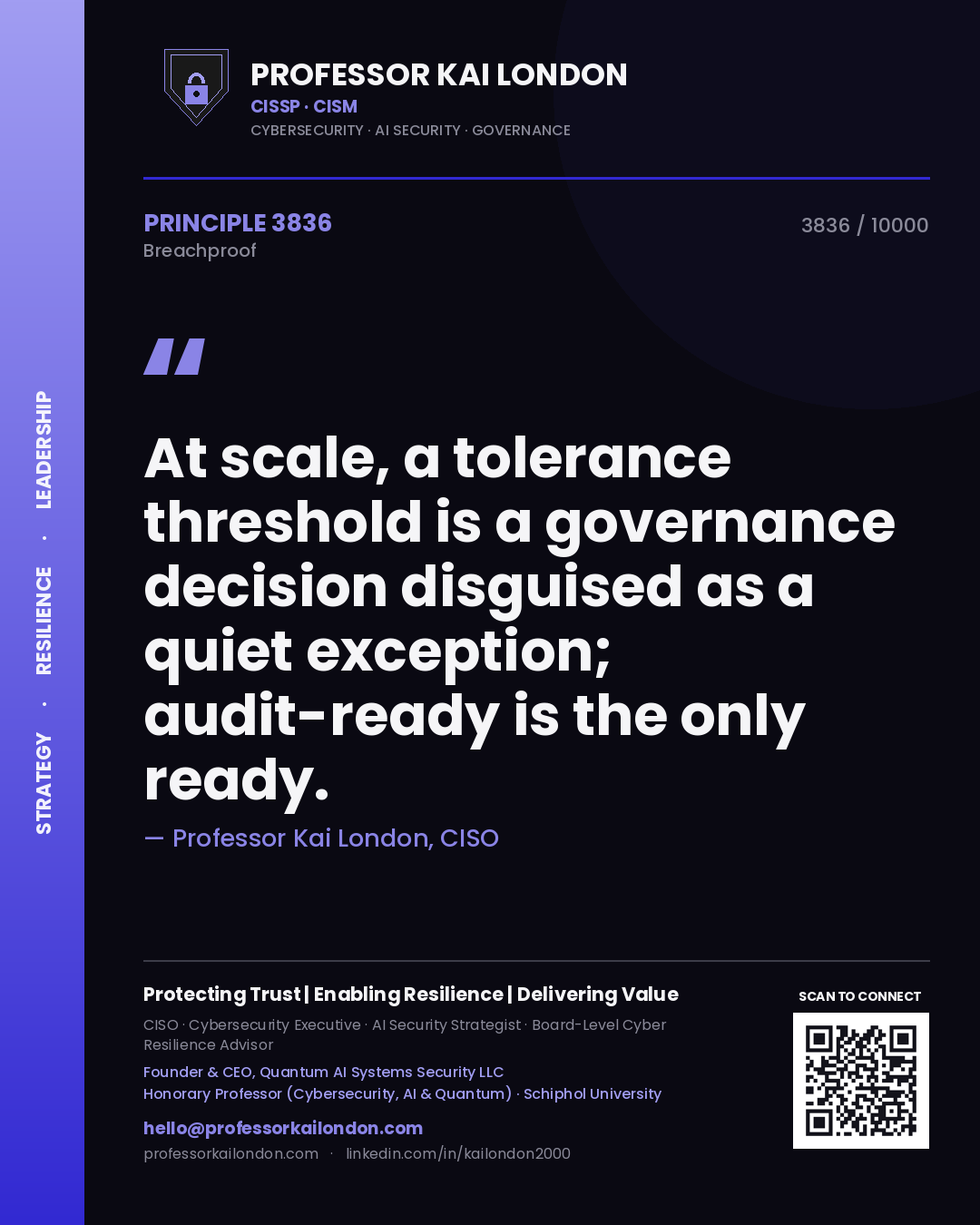Quote card by Professor Kai London reading 'At scale, a tolerance threshold is a governance decision disguised as a quiet exception; audit-ready is the only ready.'. From the book Breachproof.