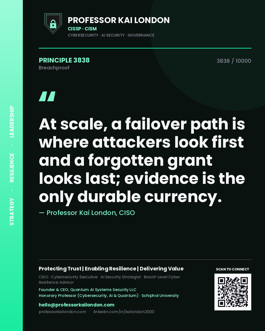 Quote card by Professor Kai London reading 'At scale, a failover path is where attackers look first and a forgotten grant looks last; evidence is the only durable currency.'. From the book Breachproof.
