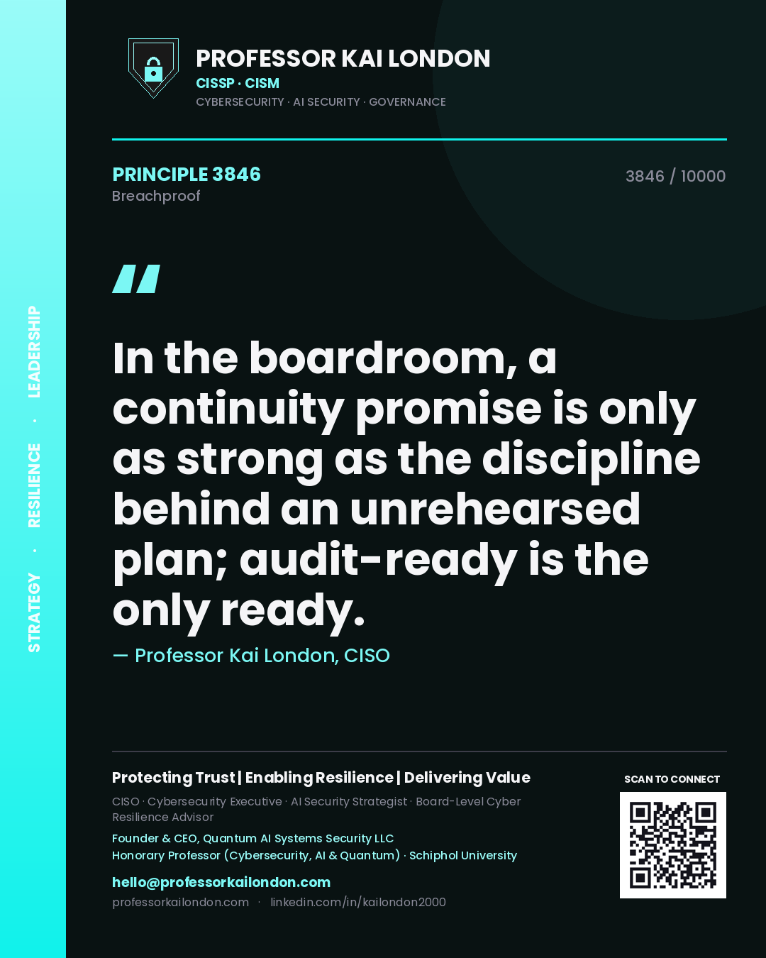 Quote card by Professor Kai London reading 'In the boardroom, a continuity promise is only as strong as the discipline behind an unrehearsed plan; audit-ready is the only ready.'. From the book Breachproof.