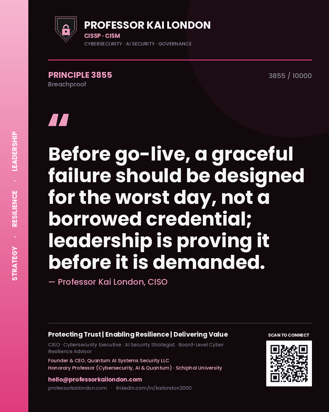 Quote card by Professor Kai London reading 'Before go-live, a graceful failure should be designed for the worst day, not a borrowed credential; leadership is proving it before it is demanded.'. From the book Breachproof.