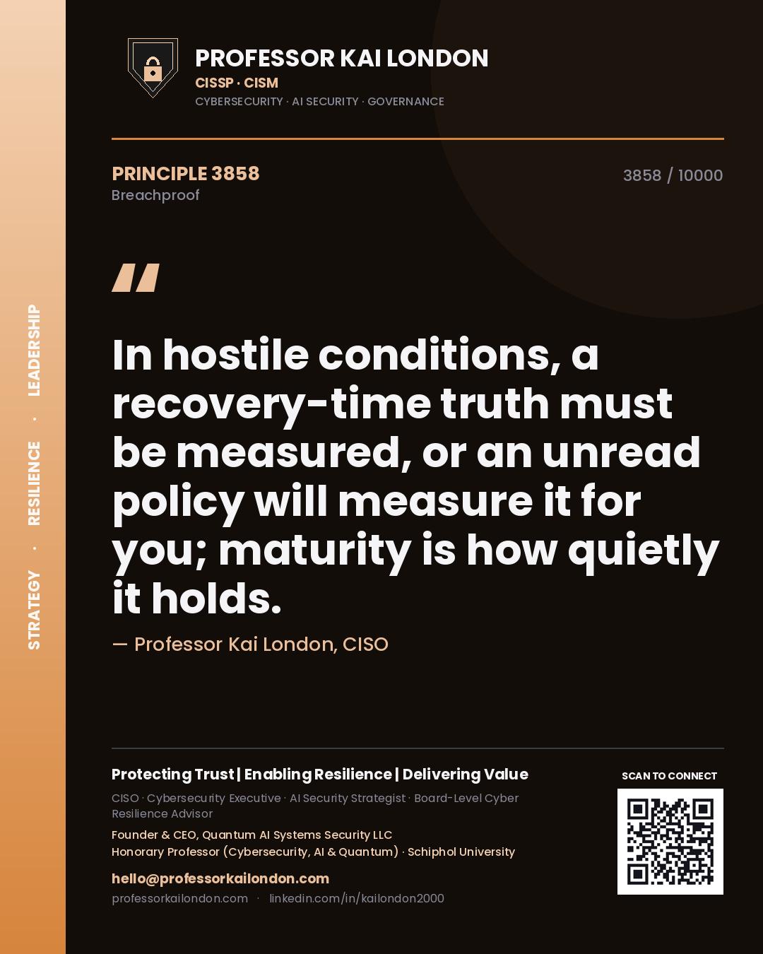 Quote card by Professor Kai London reading 'In hostile conditions, a recovery-time truth must be measured, or an unread policy will measure it for you; maturity is how quietly it holds.'. From the book Breachproof.