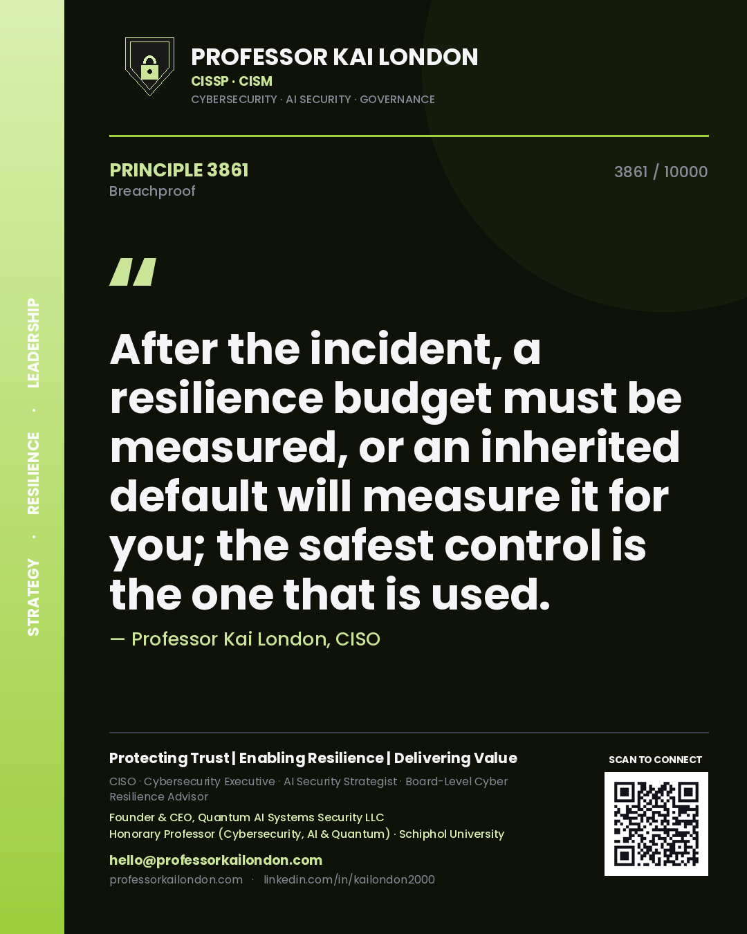 Quote card by Professor Kai London reading 'After the incident, a resilience budget must be measured, or an inherited default will measure it for you; the safest control is the one that is used.'. From the book Breachproof.
