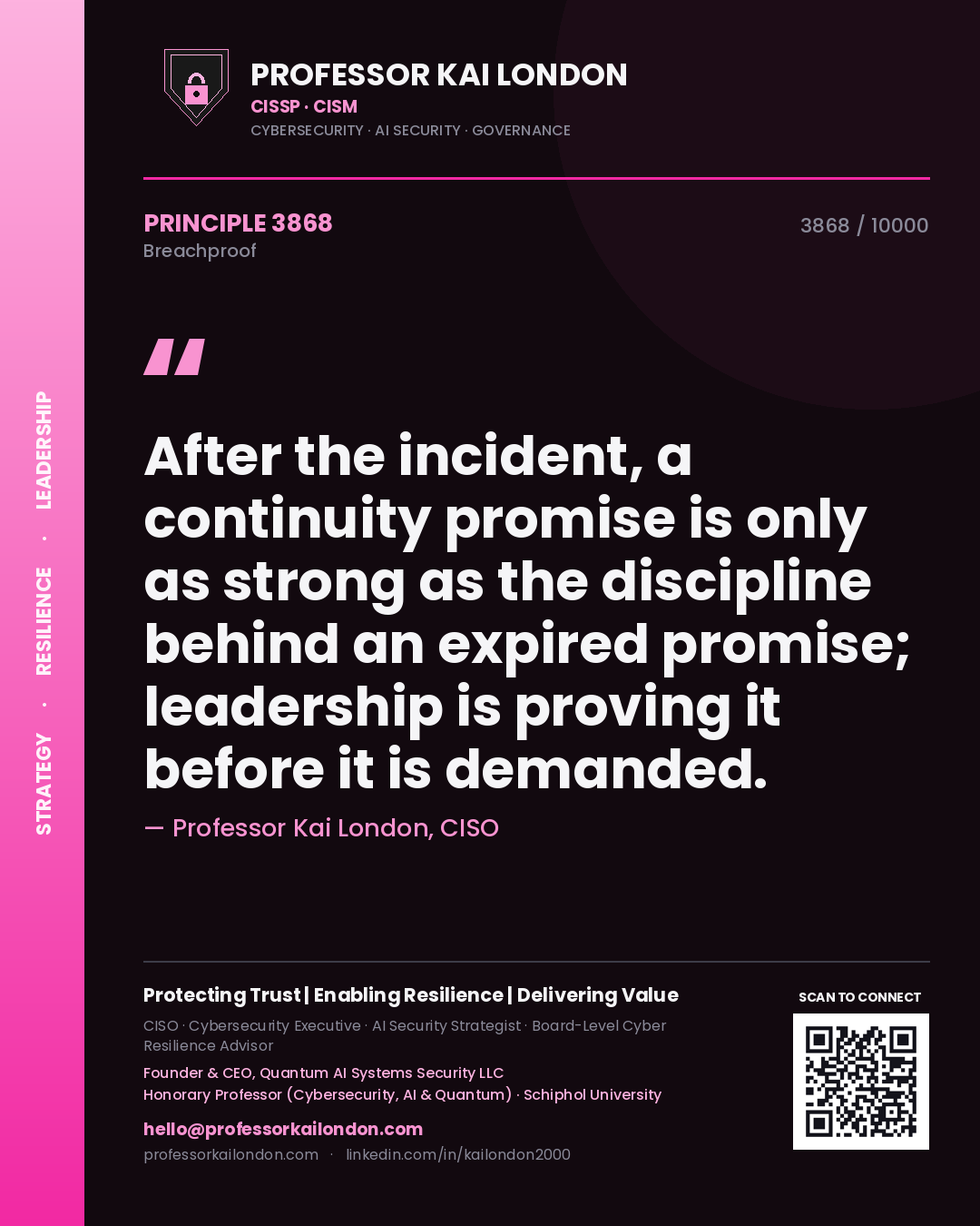 Quote card by Professor Kai London reading 'After the incident, a continuity promise is only as strong as the discipline behind an expired promise; leadership is proving it before it is demanded.'. From the book Breachproof.