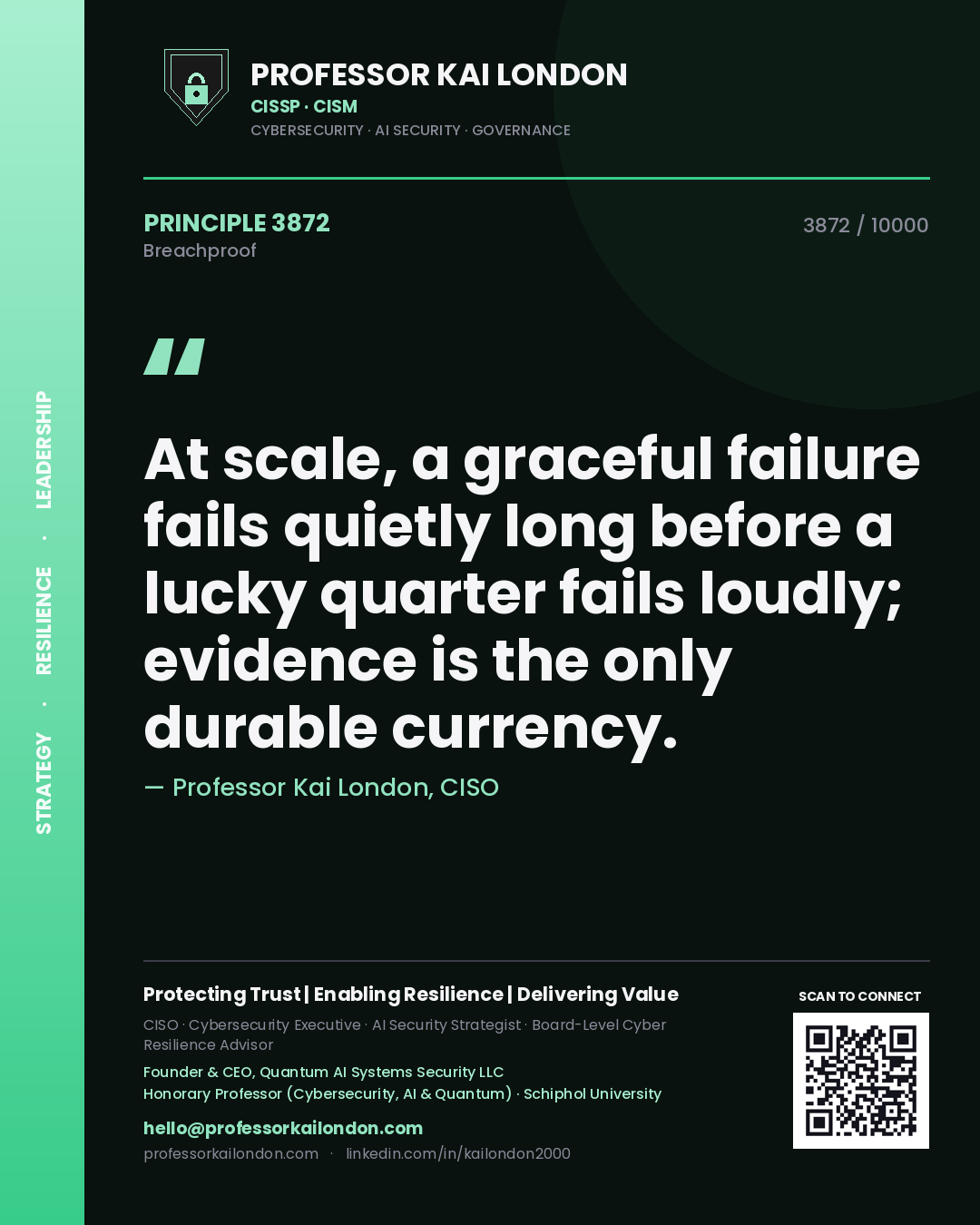 Quote card by Professor Kai London reading 'At scale, a graceful failure fails quietly long before a lucky quarter fails loudly; evidence is the only durable currency.'. From the book Breachproof.