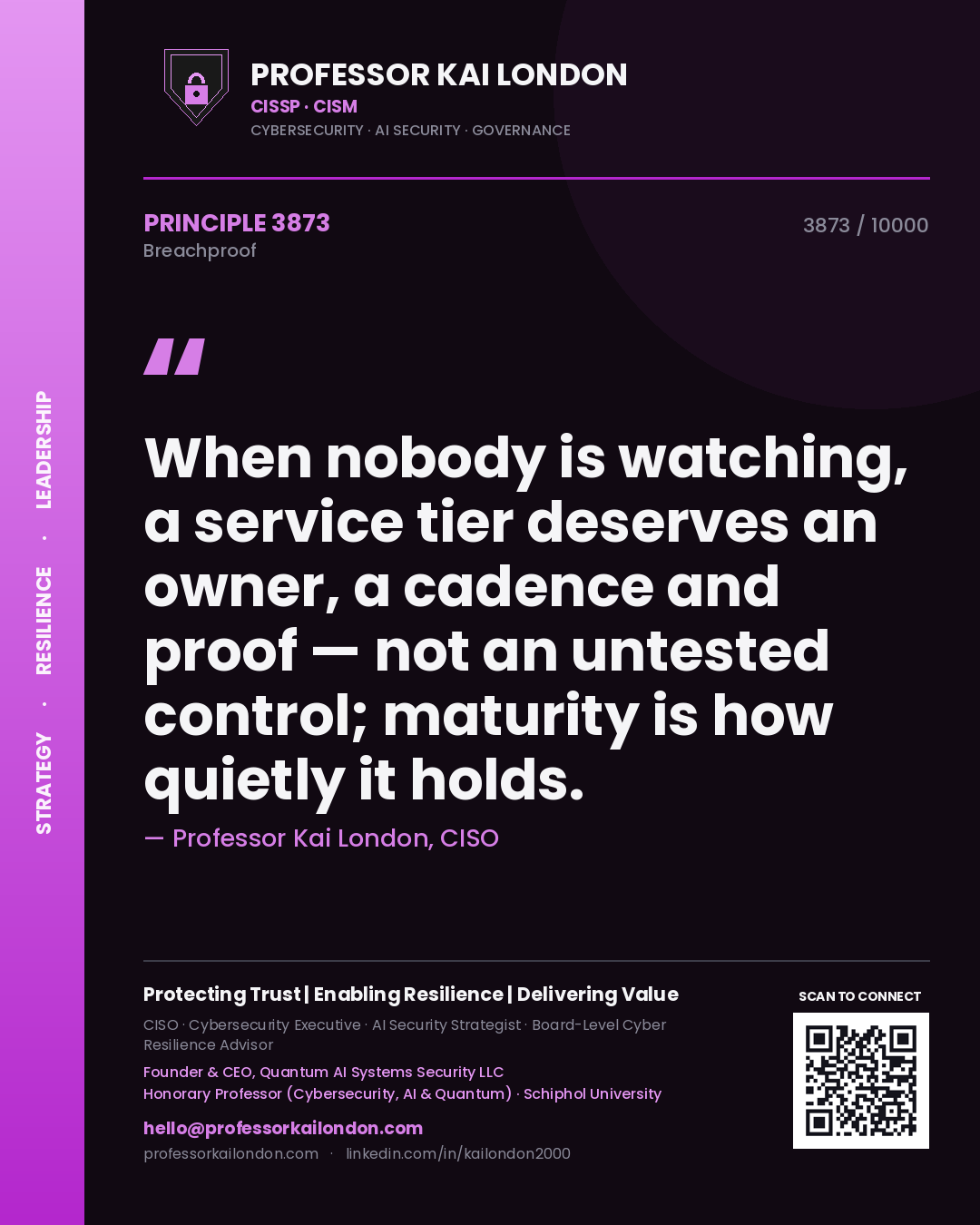 Quote card by Professor Kai London reading 'When nobody is watching, a service tier deserves an owner, a cadence and proof — not an untested control; maturity is how quietly it holds.'. From the book Breachproof.