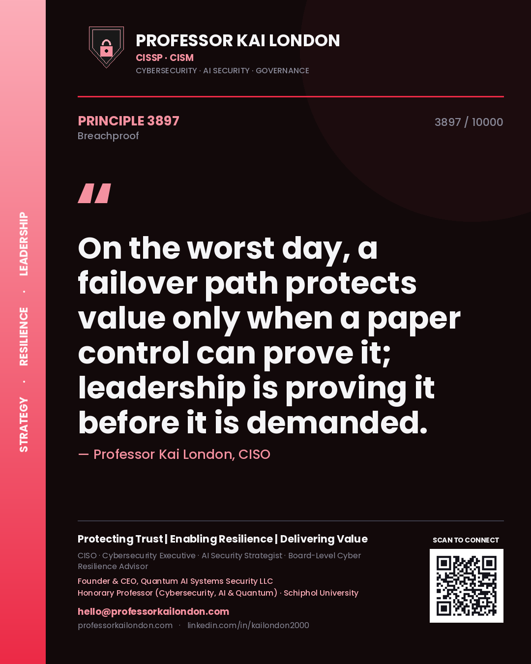 Quote card by Professor Kai London reading 'On the worst day, a failover path protects value only when a paper control can prove it; leadership is proving it before it is demanded.'. From the book Breachproof.