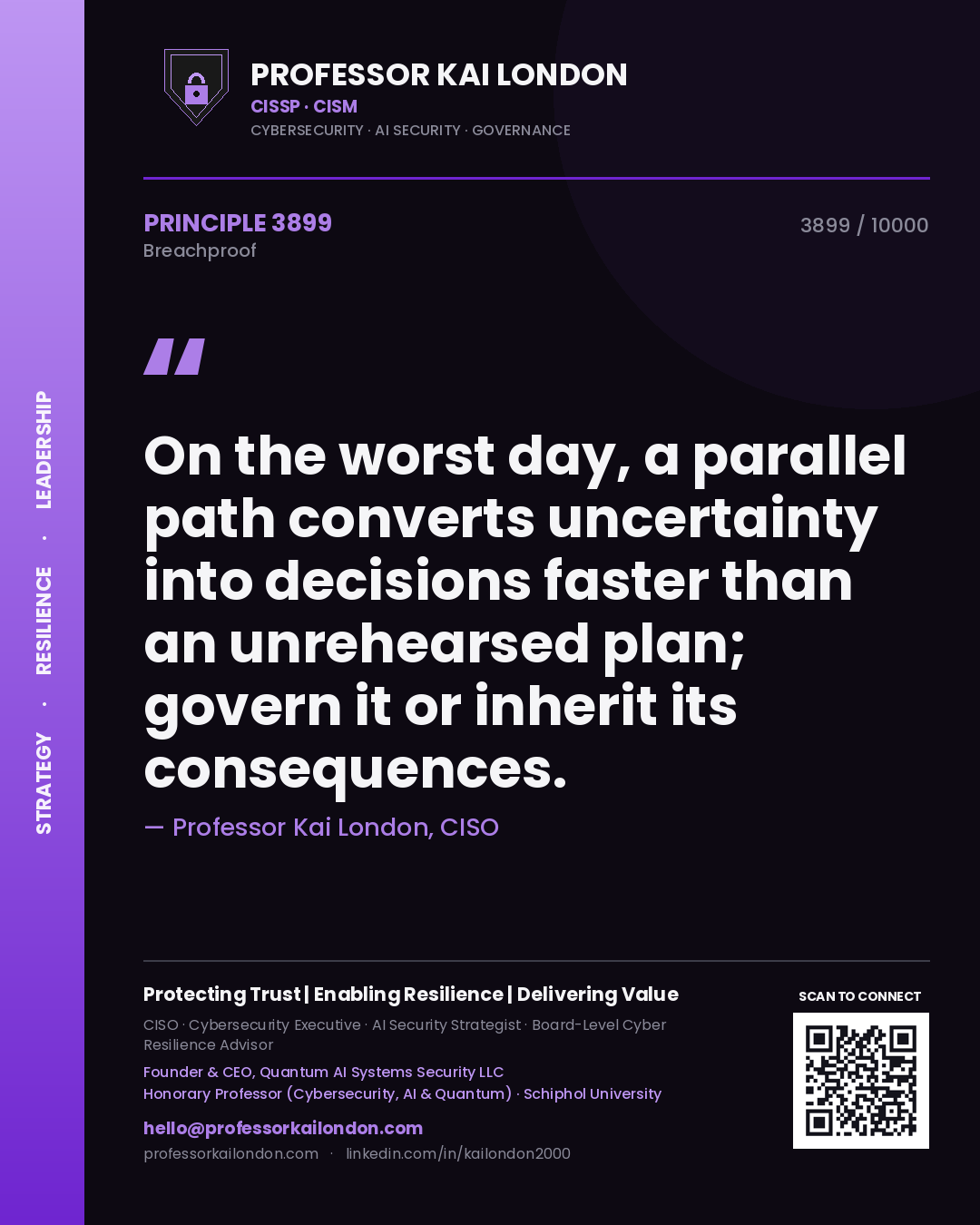 Quote card by Professor Kai London reading 'On the worst day, a parallel path converts uncertainty into decisions faster than an unrehearsed plan; govern it or inherit its consequences.'. From the book Breachproof.