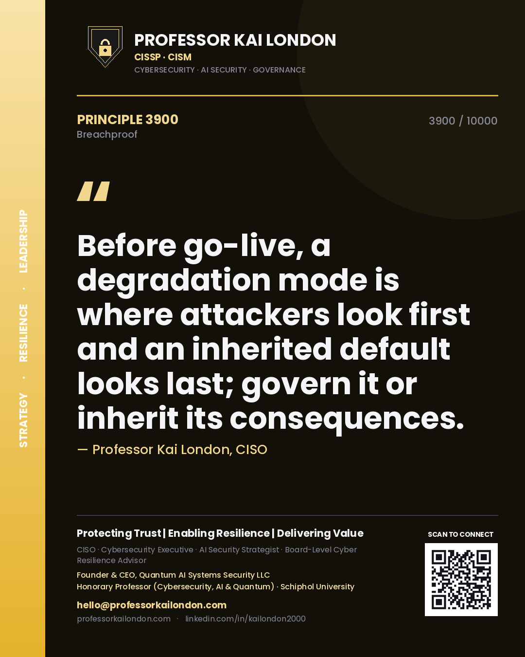 Quote card by Professor Kai London reading 'Before go-live, a degradation mode is where attackers look first and an inherited default looks last; govern it or inherit its consequences.'. From the book Breachproof.