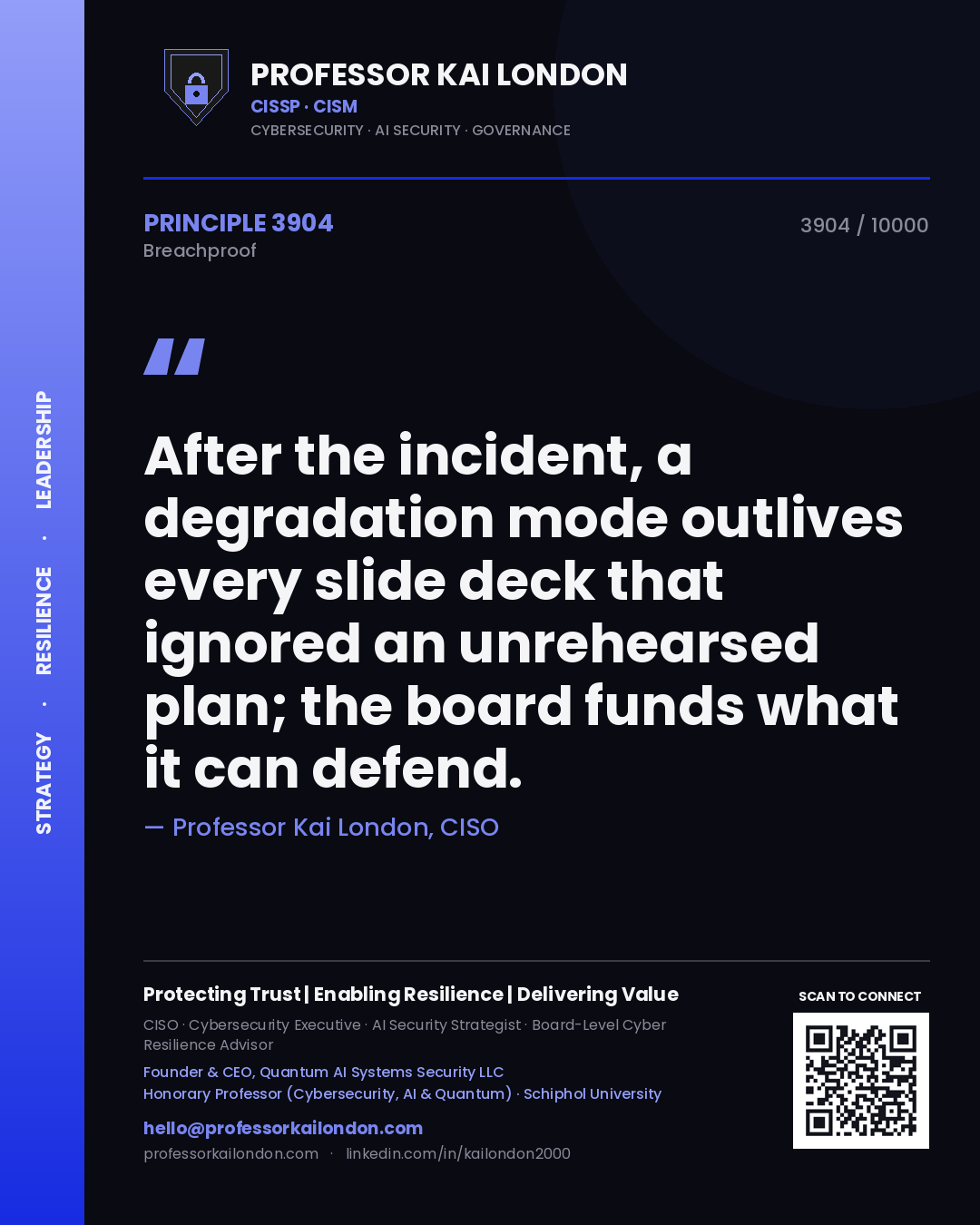 Quote card by Professor Kai London reading 'After the incident, a degradation mode outlives every slide deck that ignored an unrehearsed plan; the board funds what it can defend.'. From the book Breachproof.