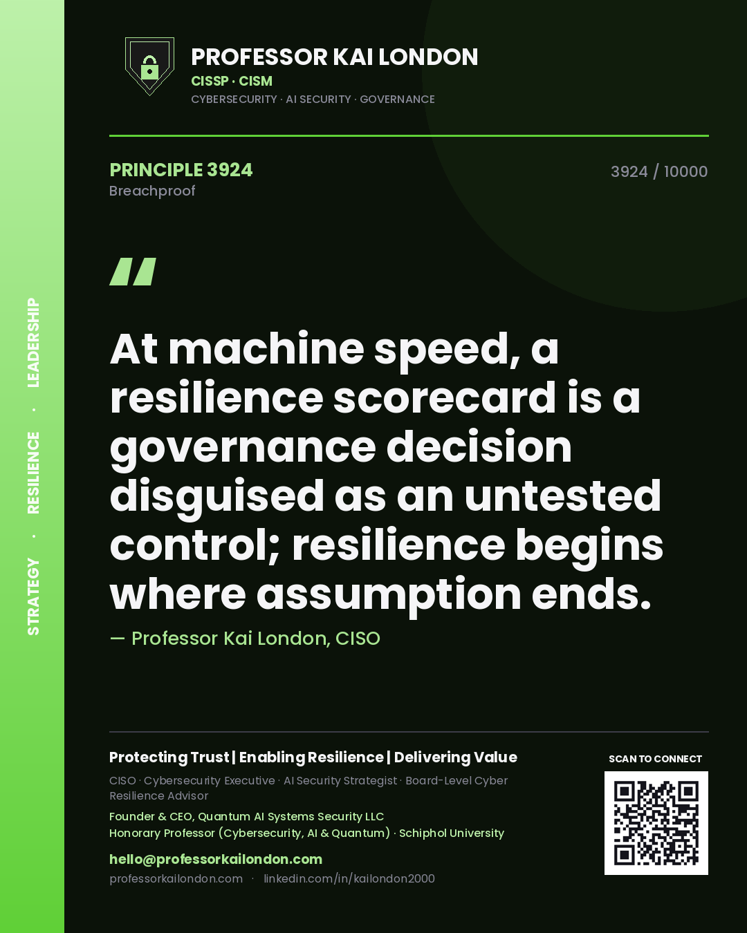 Quote card by Professor Kai London reading 'At machine speed, a resilience scorecard is a governance decision disguised as an untested control; resilience begins where assumption ends.'. From the book Breachproof.