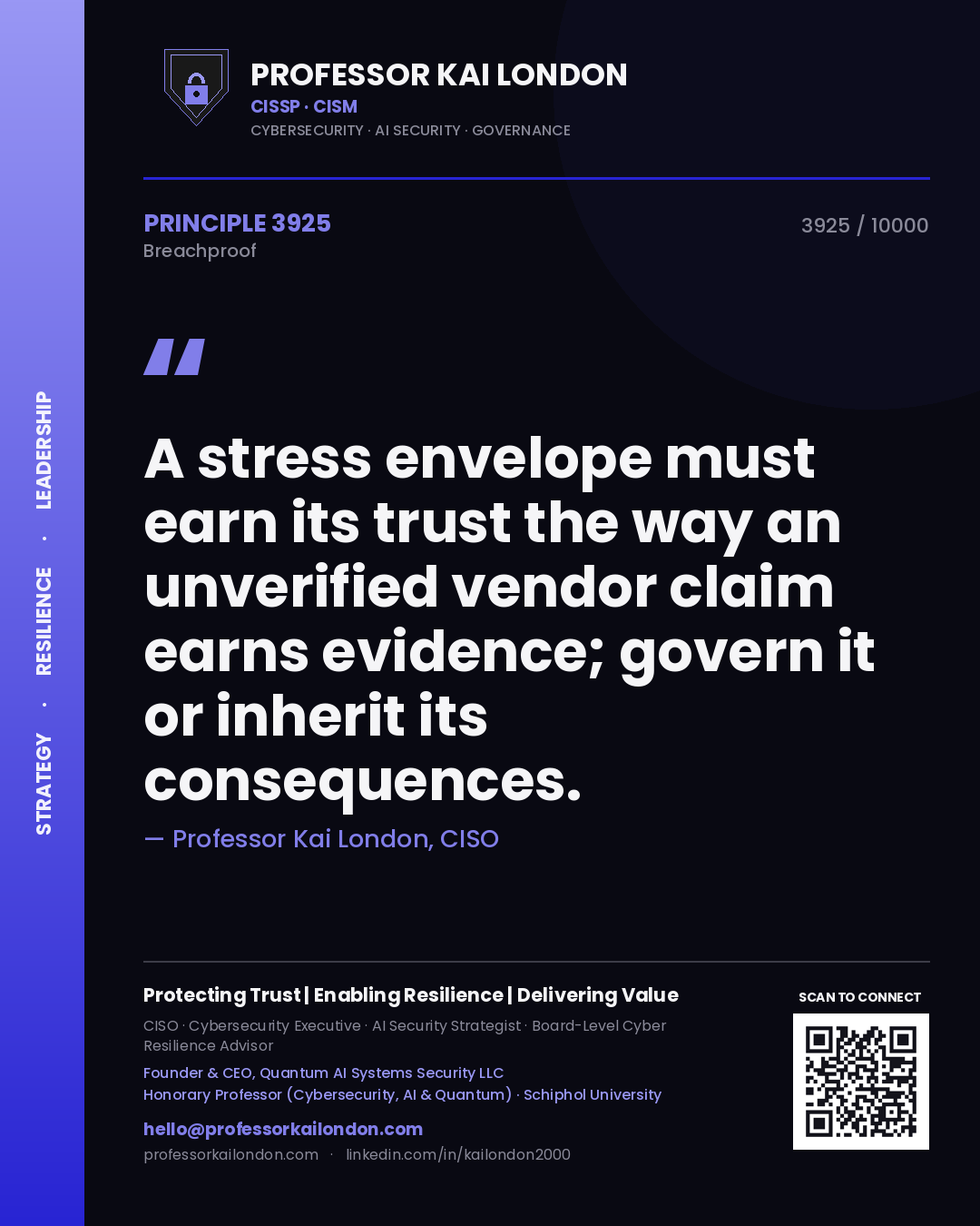 Quote card by Professor Kai London reading 'A stress envelope must earn its trust the way an unverified vendor claim earns evidence; govern it or inherit its consequences.'. From the book Breachproof.
