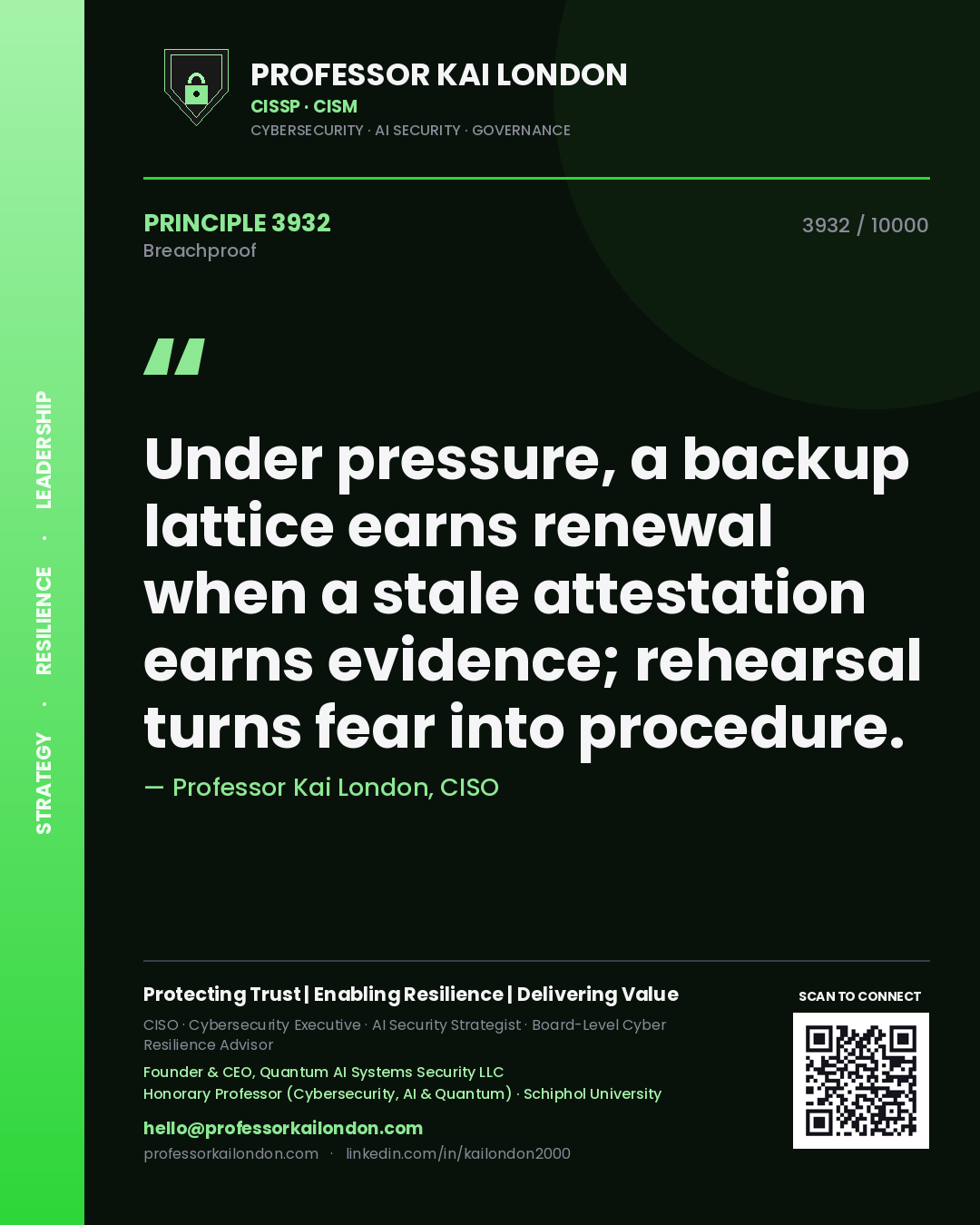 Professor Kai London principle 3932: Under pressure, a backup lattice earns renewal when a stale attestation earns evidence; rehearsal turns fear into procedure.
