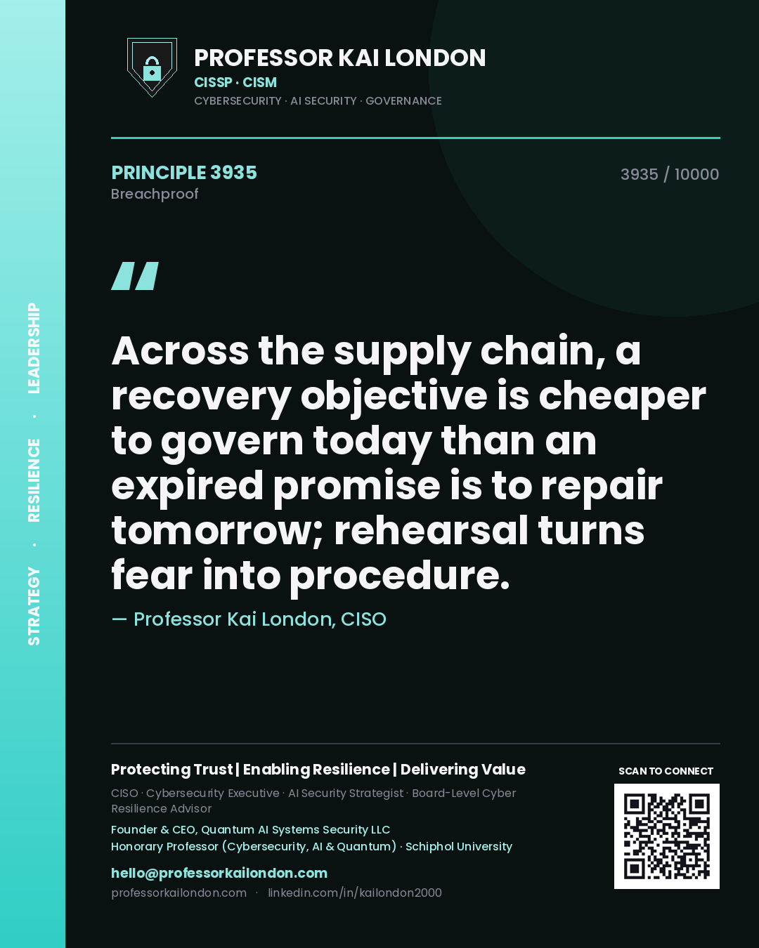 Quote card by Professor Kai London reading 'Across the supply chain, a recovery objective is cheaper to govern today than an expired promise is to repair tomorrow; rehearsal turns fear into procedure.'. From the book Breachproof.