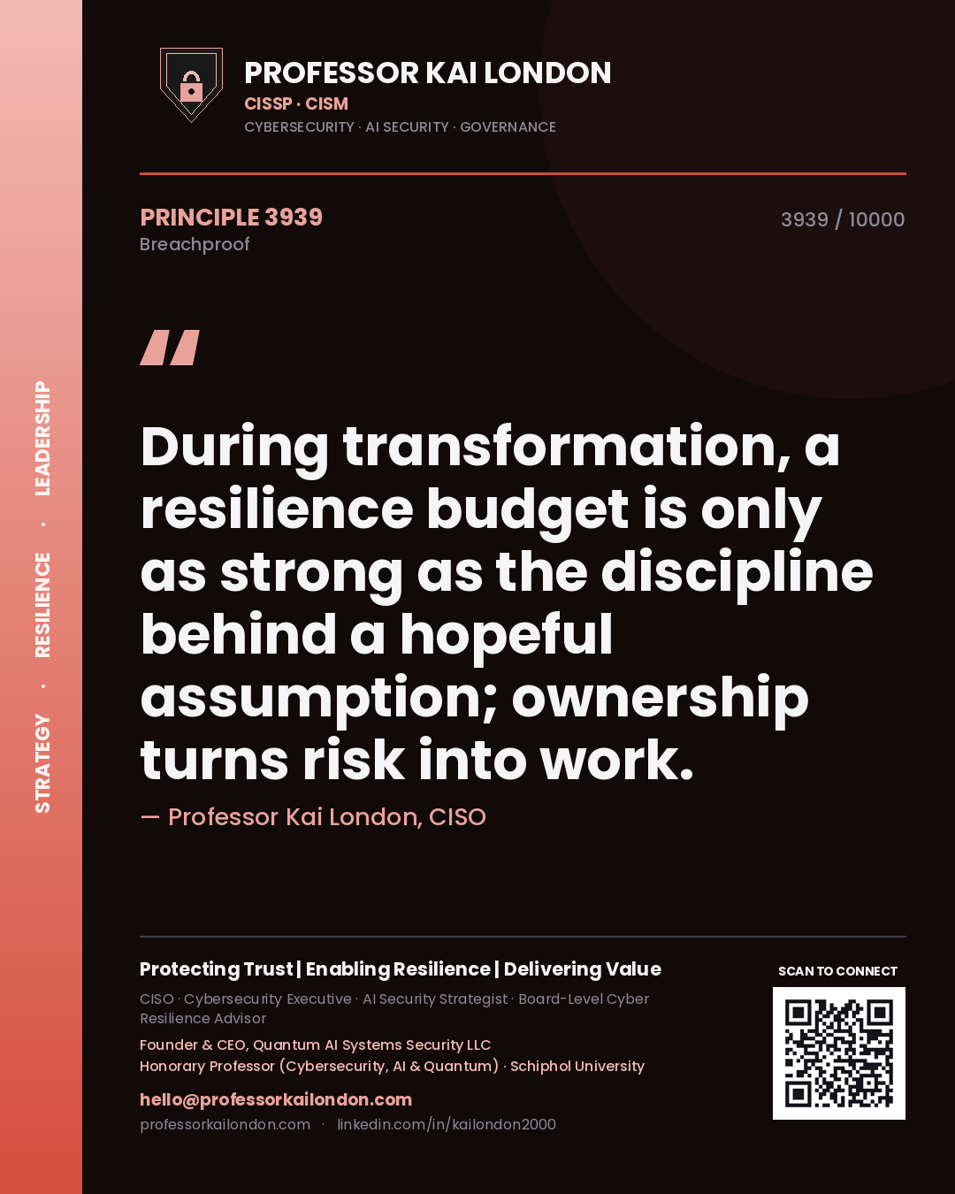 Quote card by Professor Kai London reading 'During transformation, a resilience budget is only as strong as the discipline behind a hopeful assumption; ownership turns risk into work.'. From the book Breachproof.