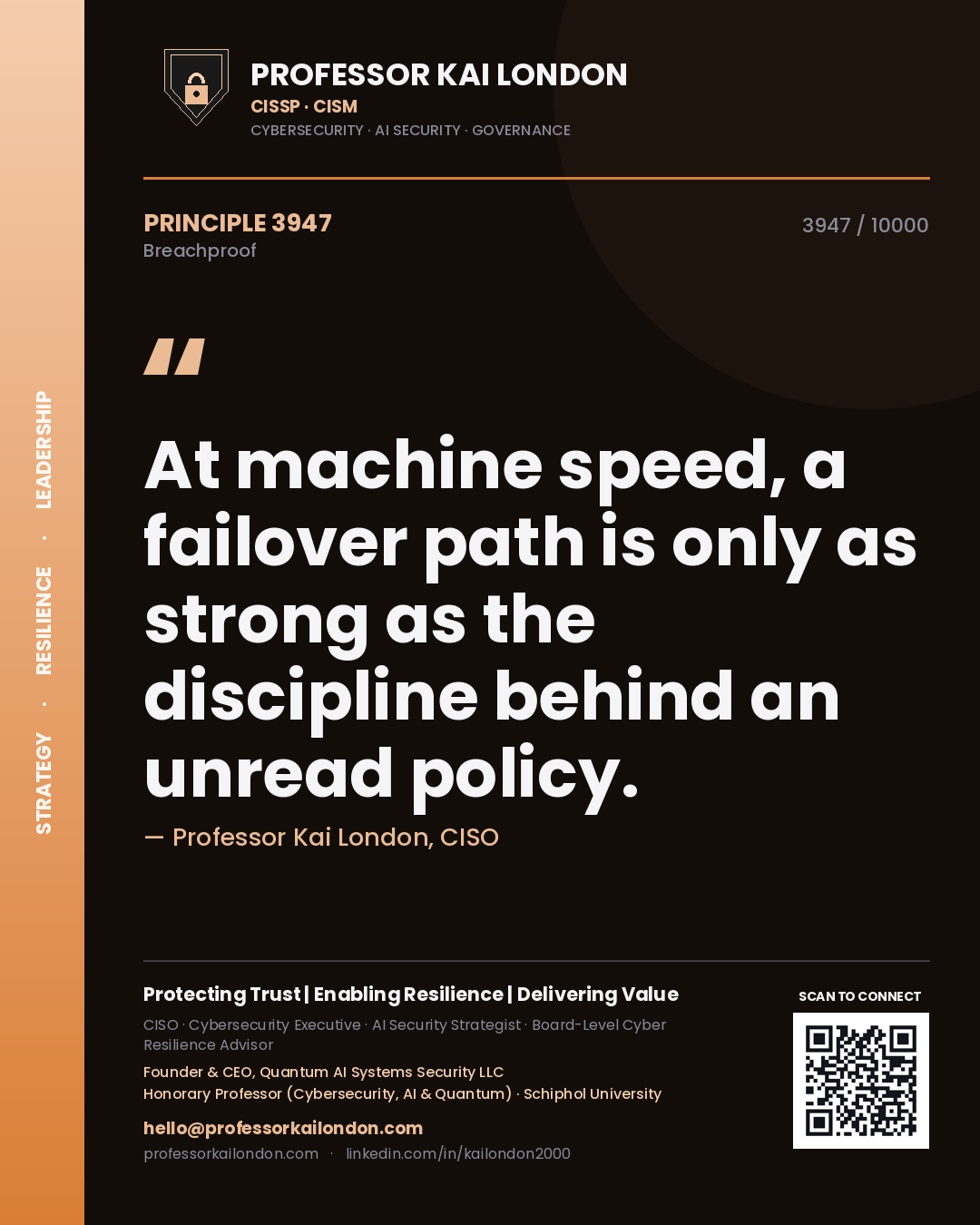 Quote card by Professor Kai London reading 'At machine speed, a failover path is only as strong as the discipline behind an unread policy.'. From the book Breachproof.