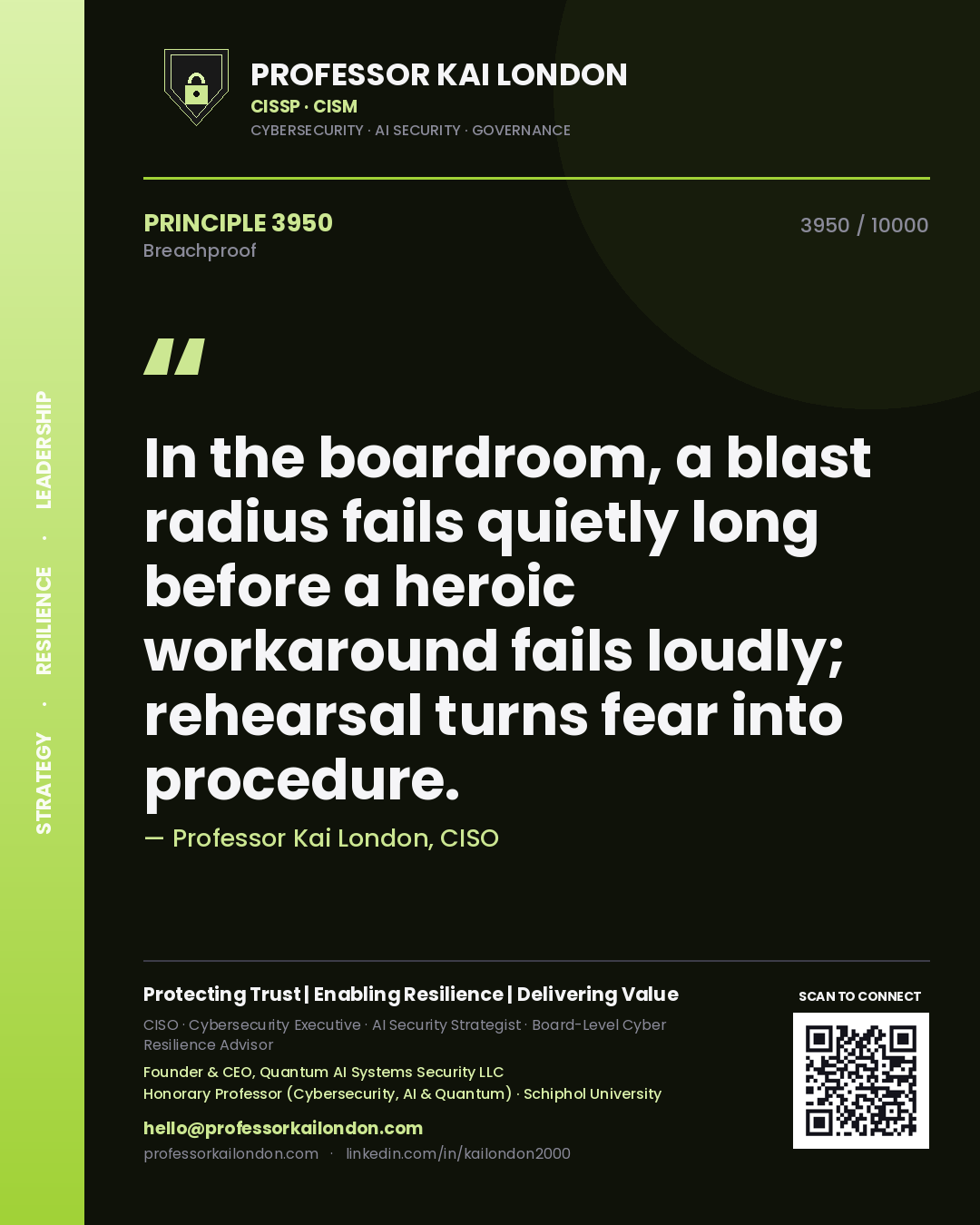 Quote card by Professor Kai London reading 'In the boardroom, a blast radius fails quietly long before a heroic workaround fails loudly; rehearsal turns fear into procedure.'. From the book Breachproof.