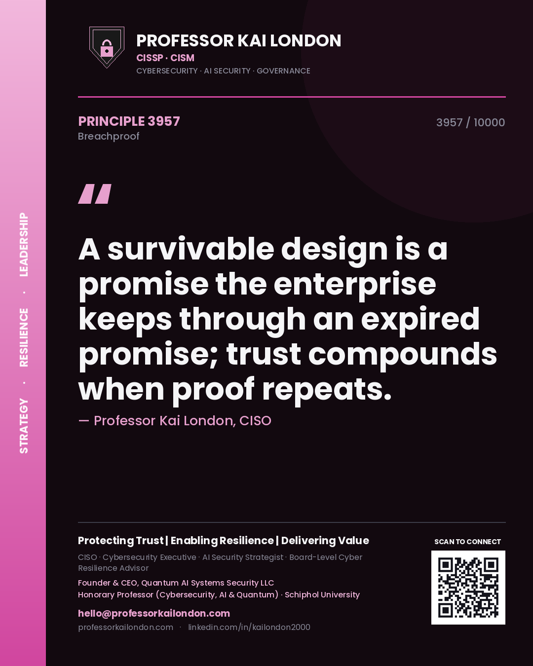 Professor Kai London principle 3957: A survivable design is a promise the enterprise keeps through an expired promise; trust compounds when proof repeats.