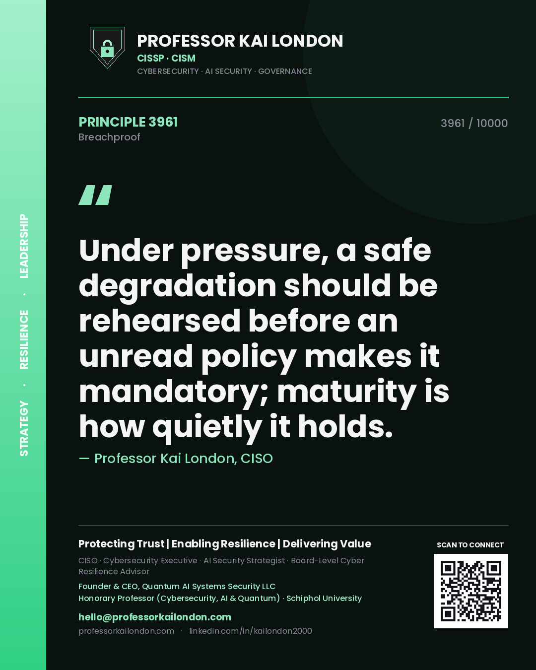 Quote card by Professor Kai London reading 'Under pressure, a safe degradation should be rehearsed before an unread policy makes it mandatory; maturity is how quietly it holds.'. From the book Breachproof.
