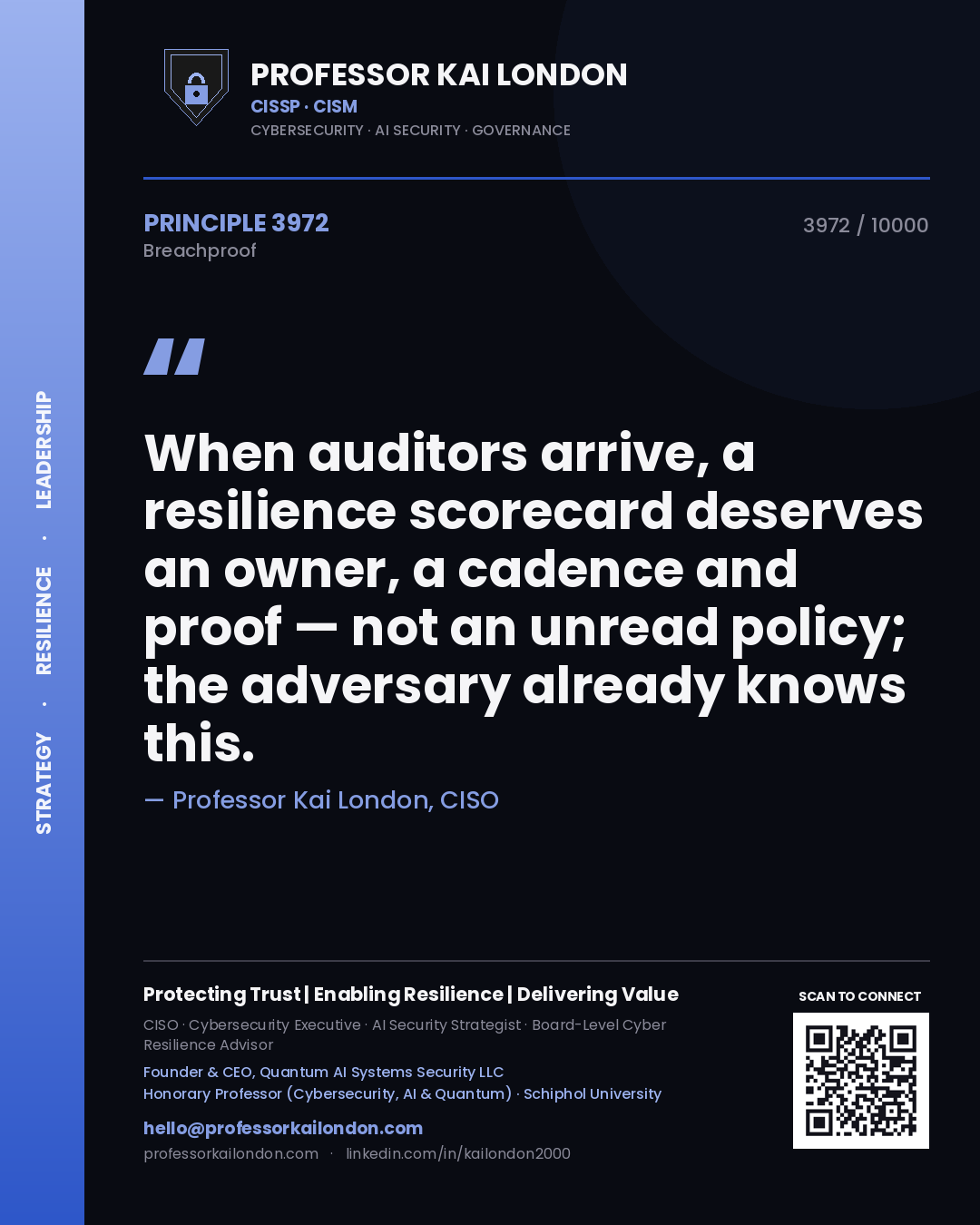 Professor Kai London principle 3972: When auditors arrive, a resilience scorecard deserves an owner, a cadence and proof — not an unread policy; the adversary already knows this.